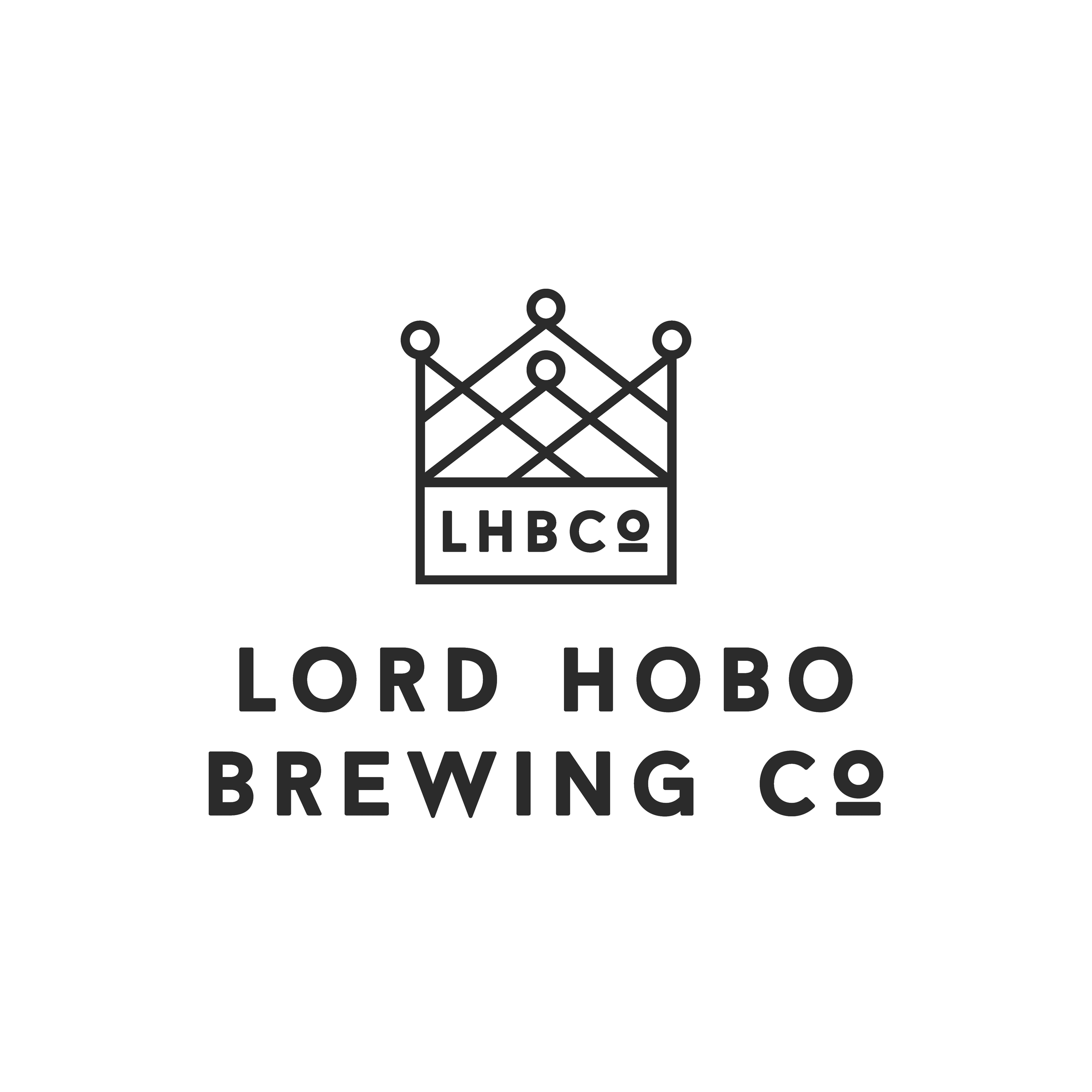 Black and white logo for Lord Hobo Brewing Co featuring a crown and the text 'LHB Co' with the full company name underneath.