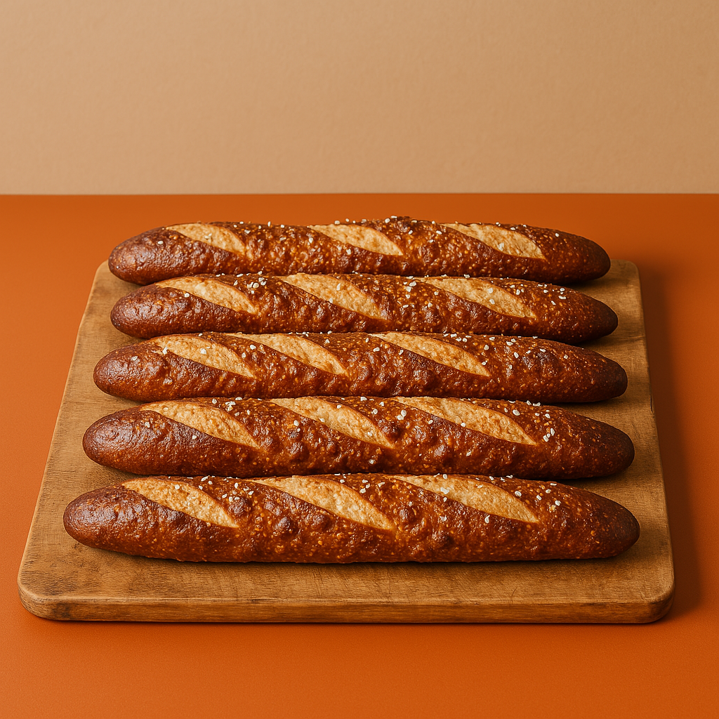 Five salted pretzel baguettes on a wooden board with a brown background.