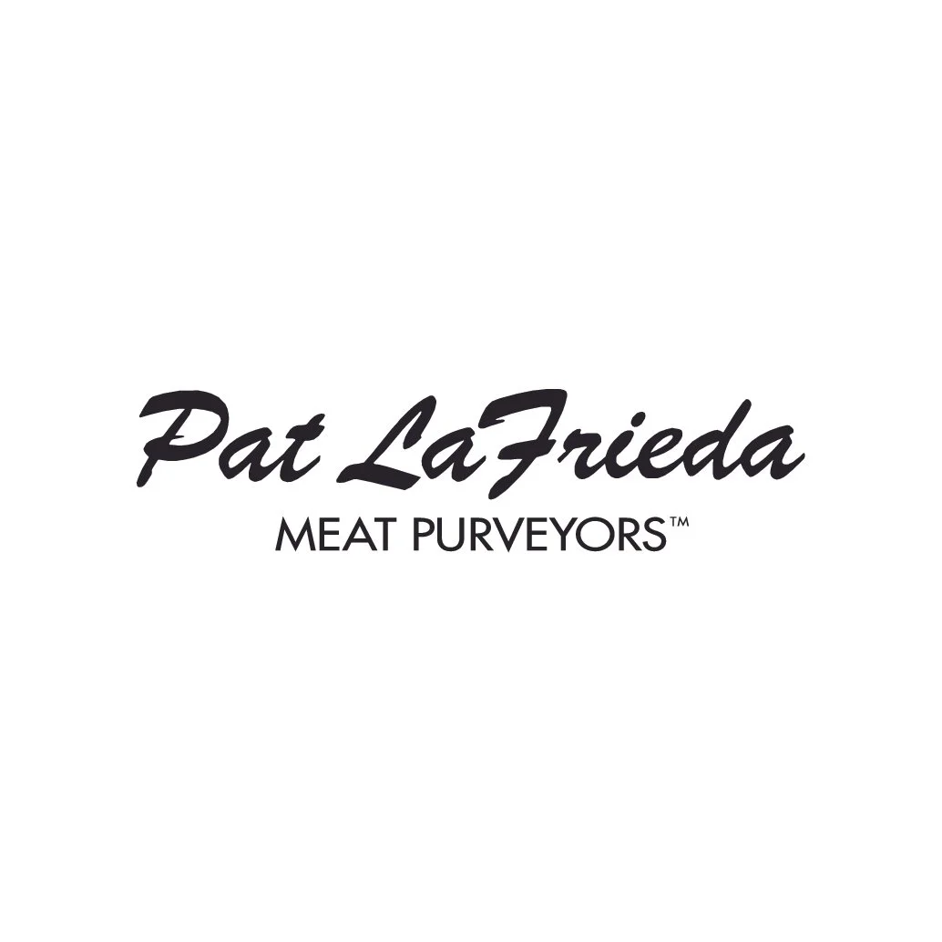 Logo for Pat LaFrieda Meat Purveyors with their name in cursive and a phrase underneath in uppercase.