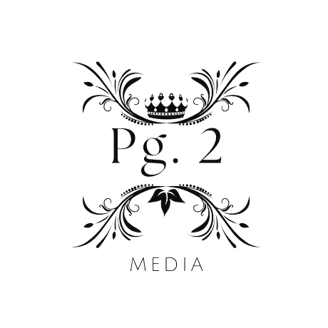 Decorative black and white design with a crown at the top, floral elements, and the text 'Pg. 2 MEDIA' in the center and bottom.