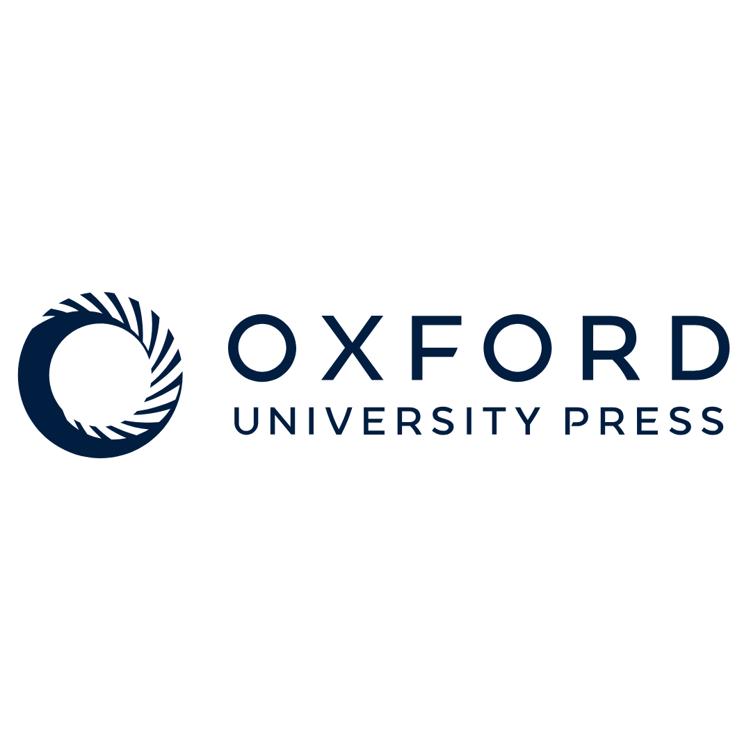 Oxford University Press logo with text written in dark blue and a dark blue circle icon