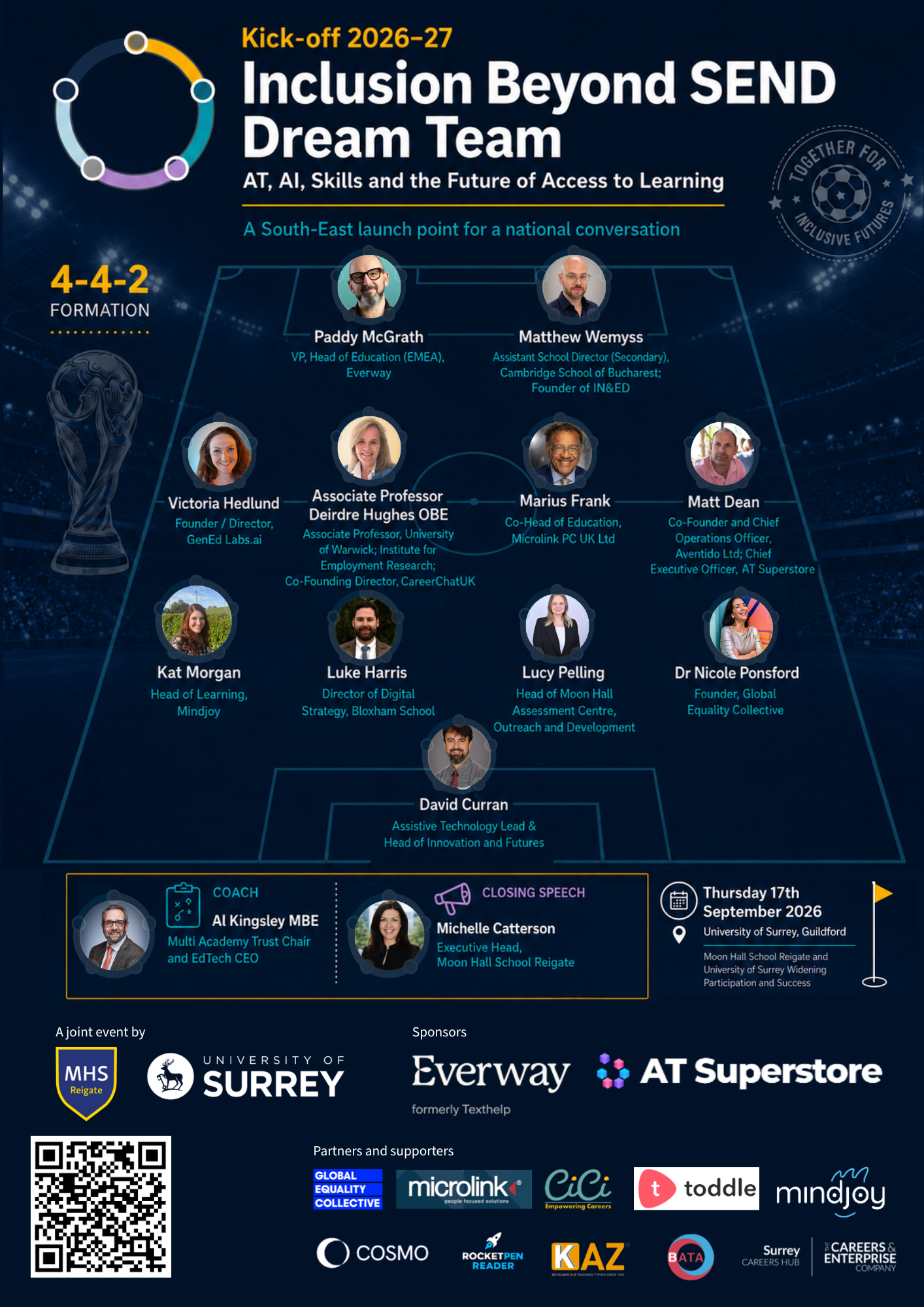 Inclusion Beyond SEND Dream Team - AT, AI, Skills and the Future of Access to Learning.  Images of all the speakers at the conference with sponsor logos - Everway and AT Superstore