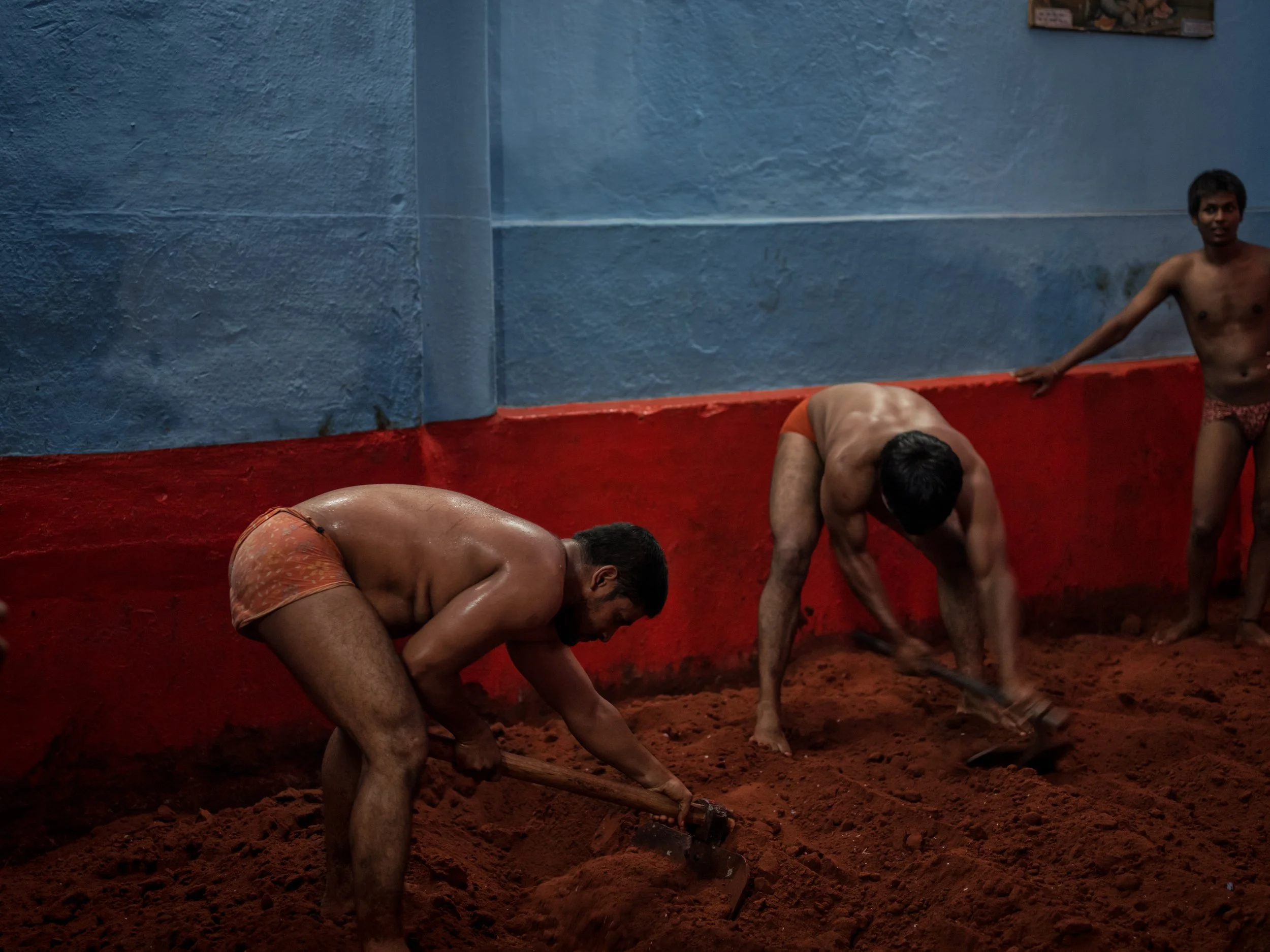 Shirtless wrestlers dig and level a red clay training pit with shovels inside a traditional Indian kushti akhara, surrounded by blue walls and red lower panels.