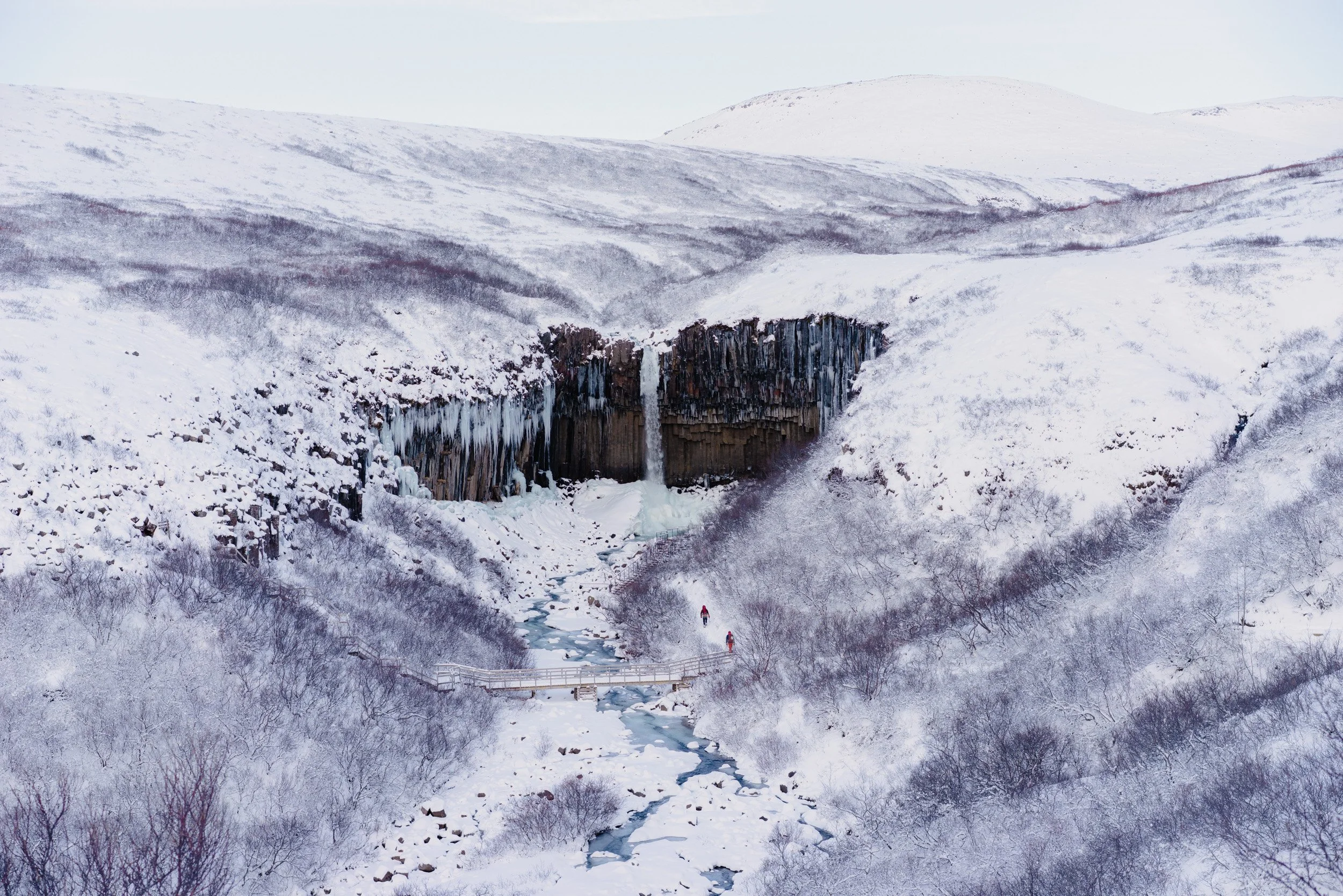 Snowy Iceland canyon landscape with a distant waterfall, frozen river, and white winter hills under a pale overcast sky.