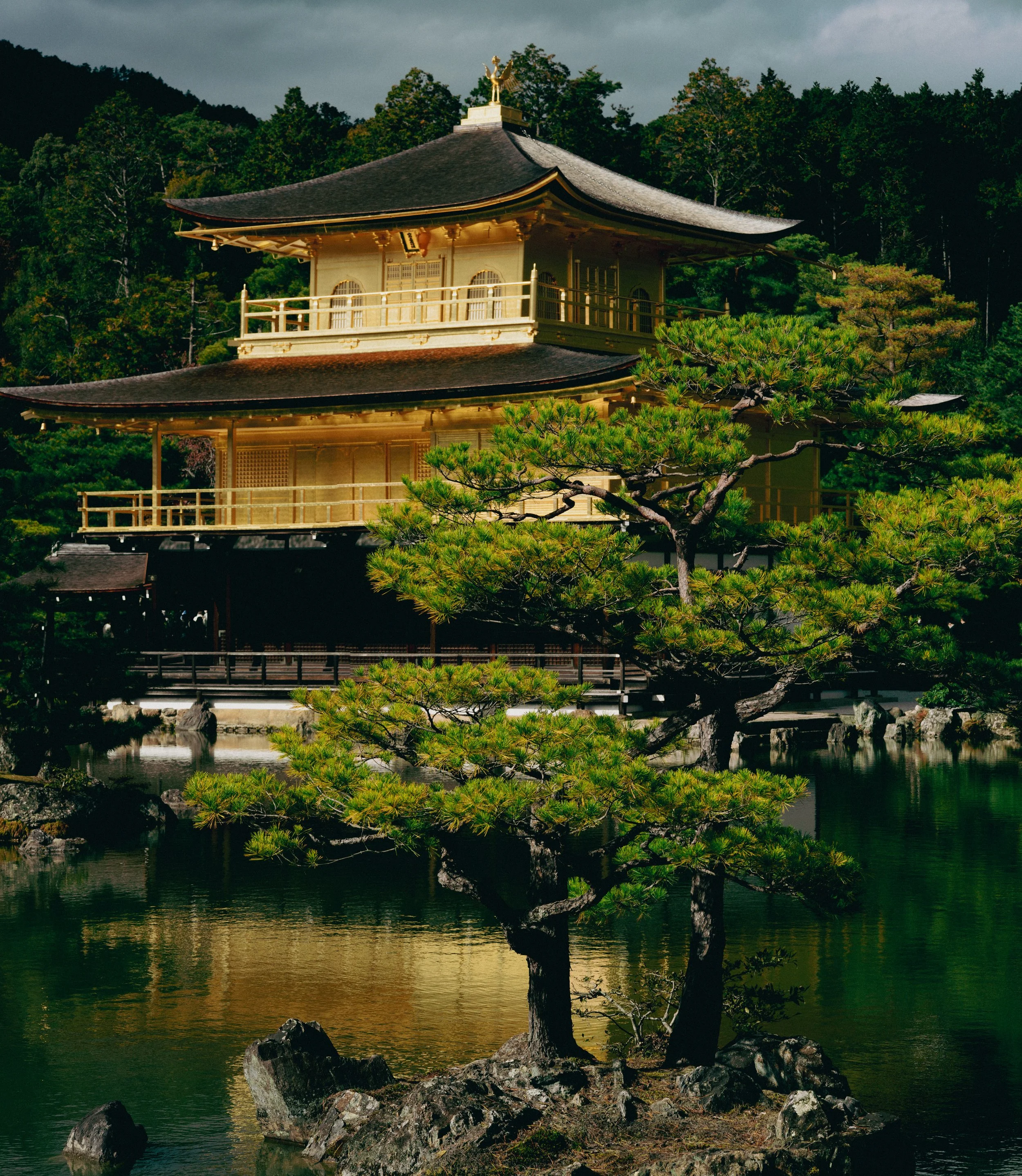 Kinkaku-ji Golden Pavilion reflected in a pond, surrounded by green trees in Kyoto, Japan.