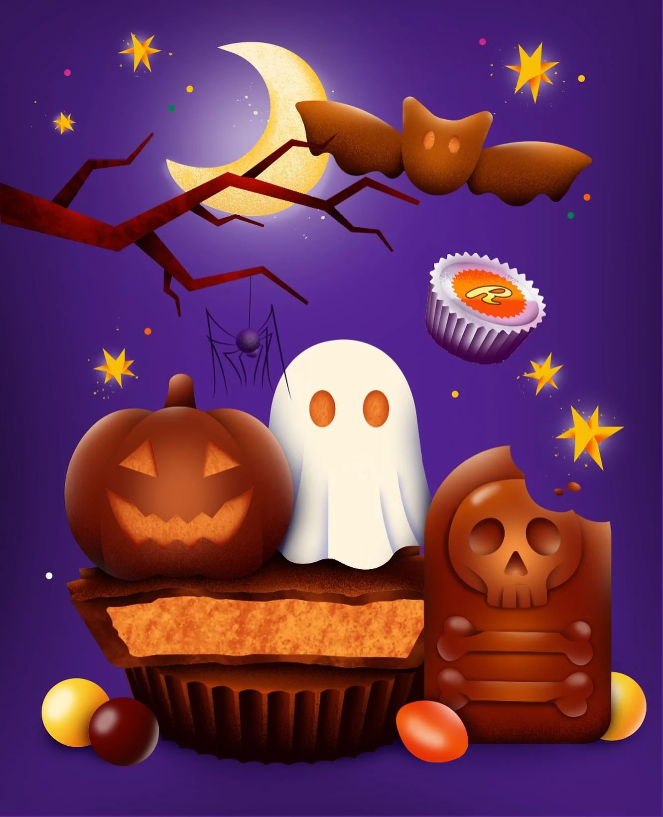 Trick or treat yourself to all the Reese&rsquo;s, because this Halloween&rsquo;s looking un-BOO-lievably sweet! 🍫🎃 Forever team white peanut butter ghost 🤍 
&bull;
&bull;
#Halloweenillustration #Foodillustration #spookyseasonart #TrickorTreat #Ree