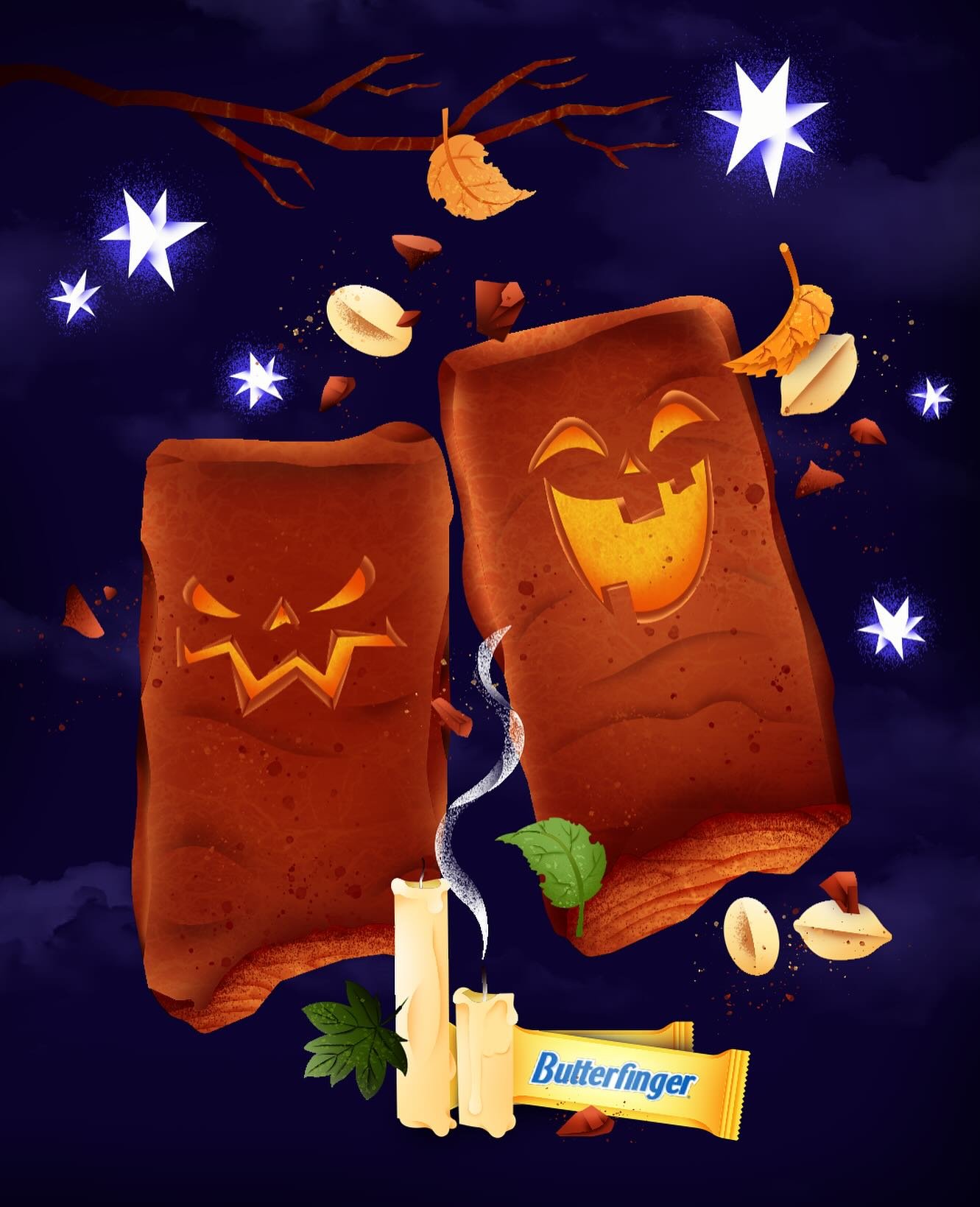 No tricks, just treats 🍫🎃 @butterfinger has got my sweet tooth under its spell this Halloween! 👻
&bull;
&bull;
#halloweenillustration #halloweenart #spookyseason #trickortreat #sweettooth #butterfinger #happyhalloween #candyart #foodillustration #