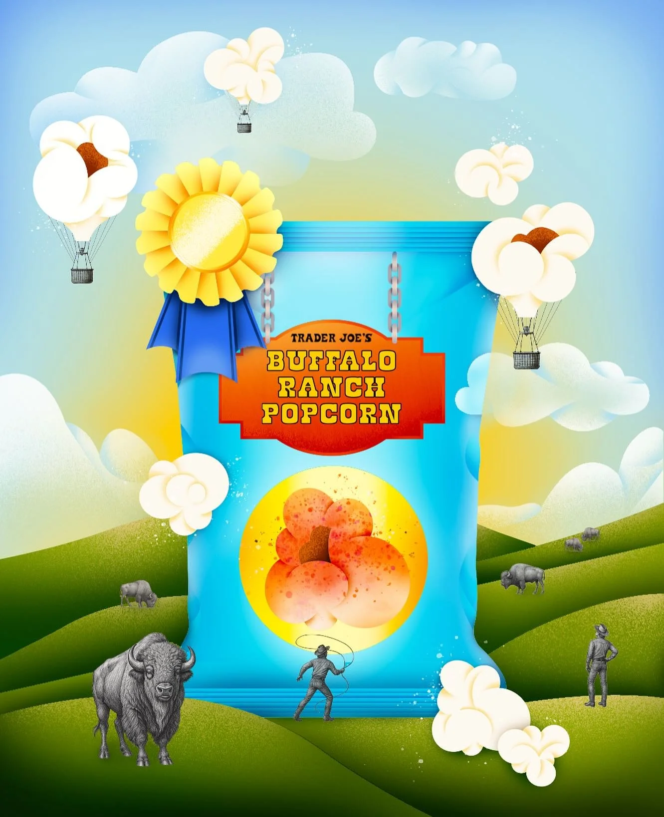 Roundin&rsquo; up all the best movie-night snacks, and this @traderjoes buffalo ranch popcorn made the cut 🤠🍿🔥

&bull;
&bull;
#traderjoesfinds #snacktime #foodieart #popcornlover #traderjoes #foodartwork #illustrationart #artdaily #graphicdesign #