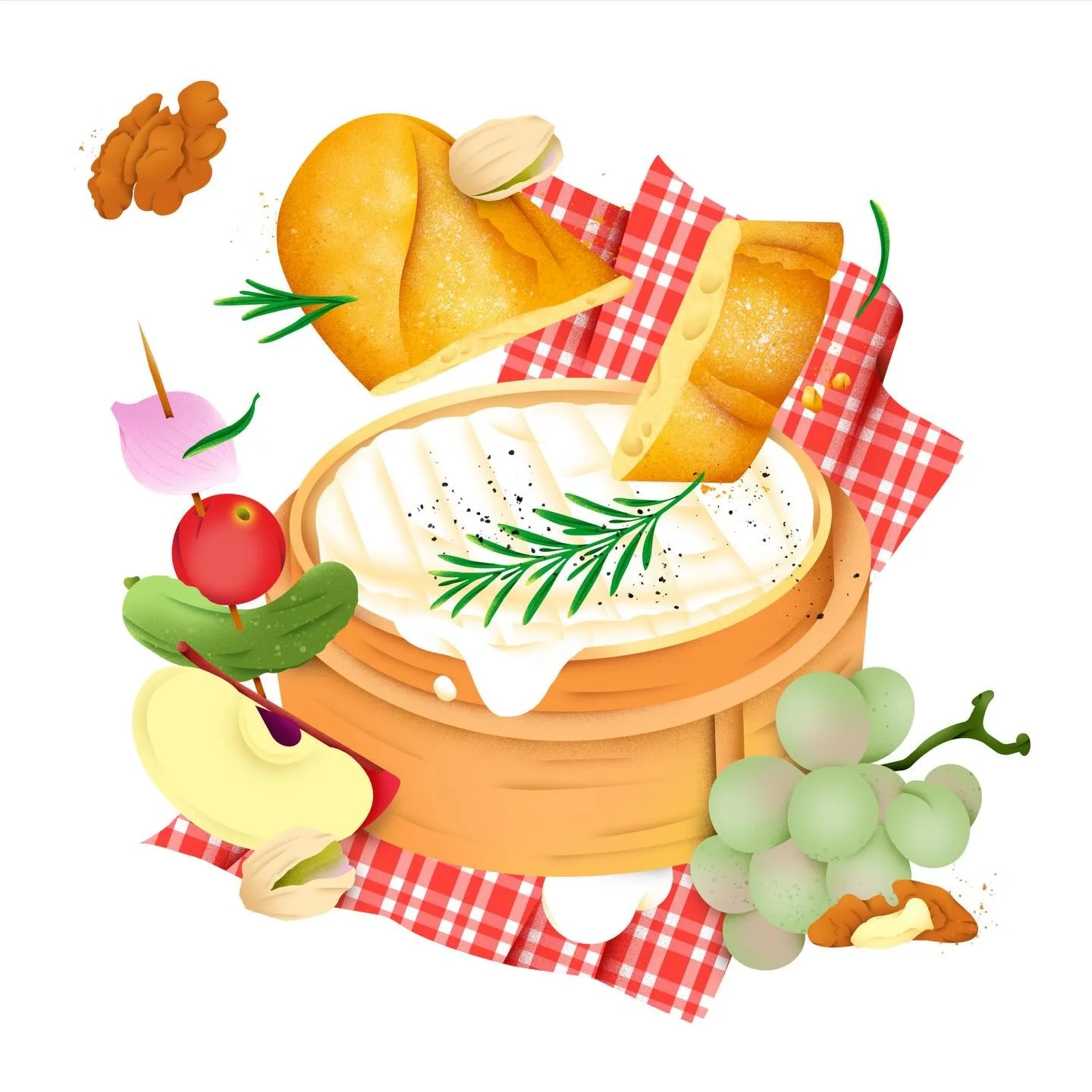 When the brie is warm &amp; everything else wants in 🧀 🥖🍇✨
Baguette, grapes, apples, pickles, pistachios... no rules, just good dipping energy !!
&bull;
&bull;
#foodillustration #graphicdesign #vector #illustrationart #illustratorsoninstagram