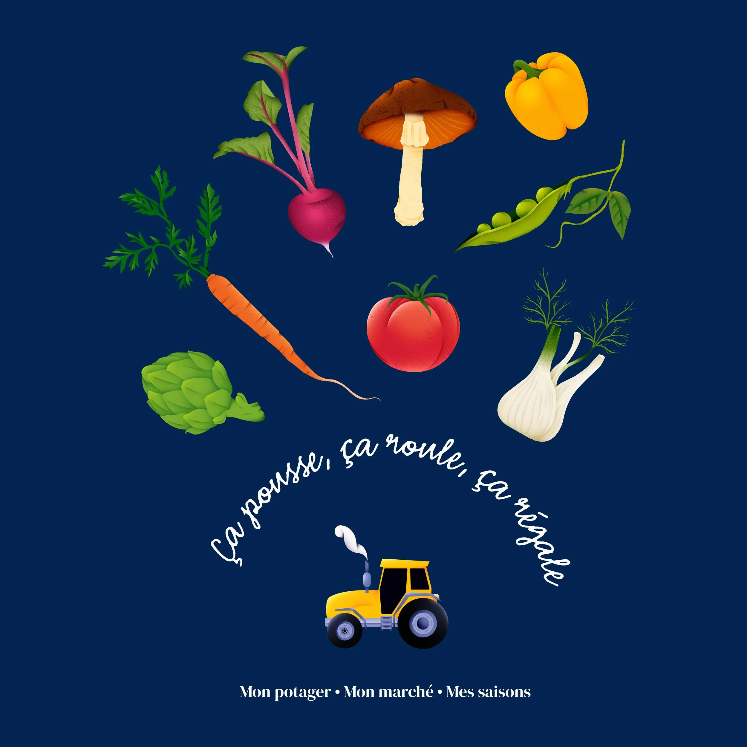 Seasonal vegetables on the loose... a tractor full of harvest goodies... &amp; a tote bag ready for market day! 🚜🥬 🥕 ☀️ 
&bull;
&bull;
#foodillustration #illustrationoftheday #farmersmarket #totebagcustom #seasonalproduce