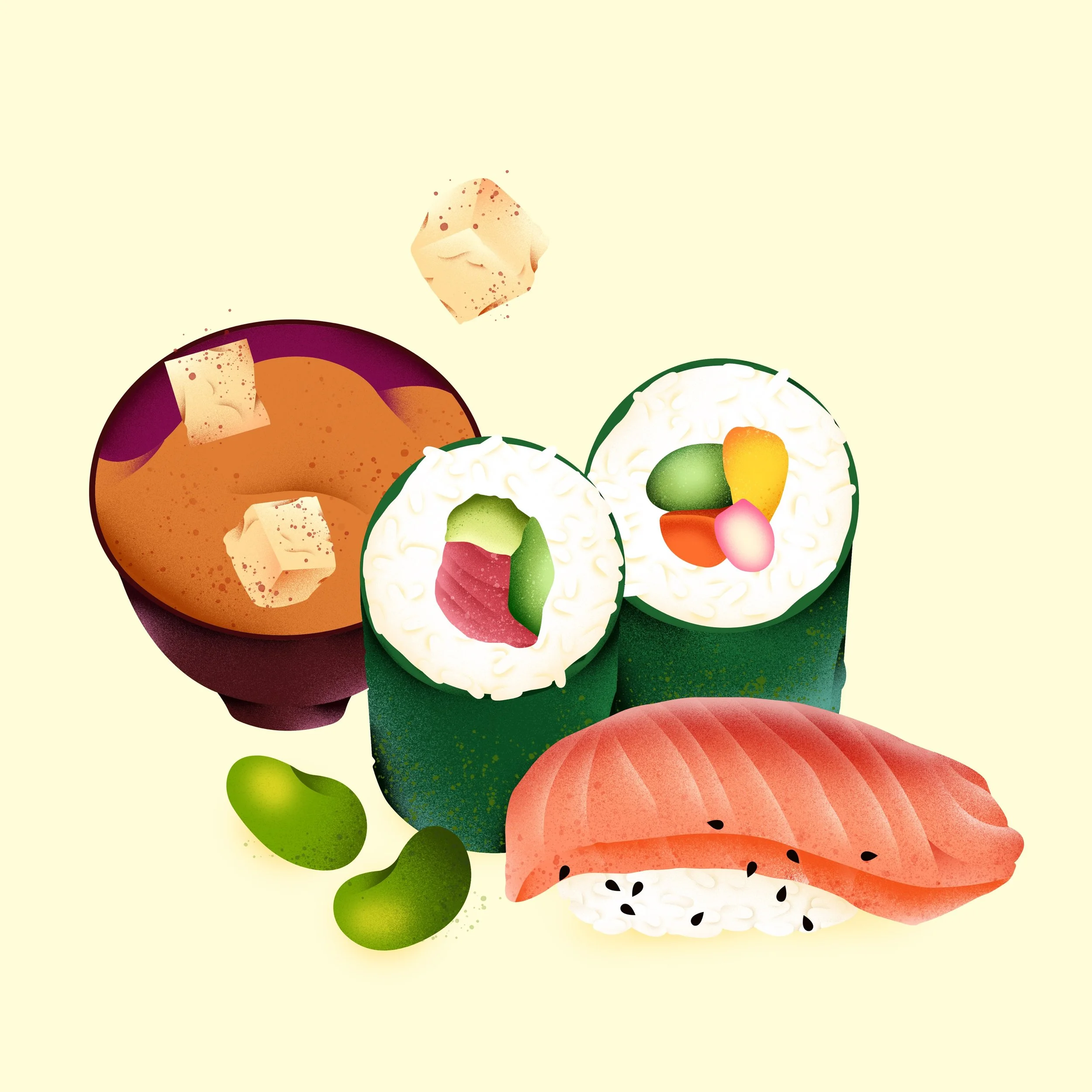Rolling into the week one bowl of miso soup at a time 🍜🍣 @kissoasianbistro 
&bull;
&bull;
#sushi #digitalillustration #foodillustration #editorialillustration #texturedart