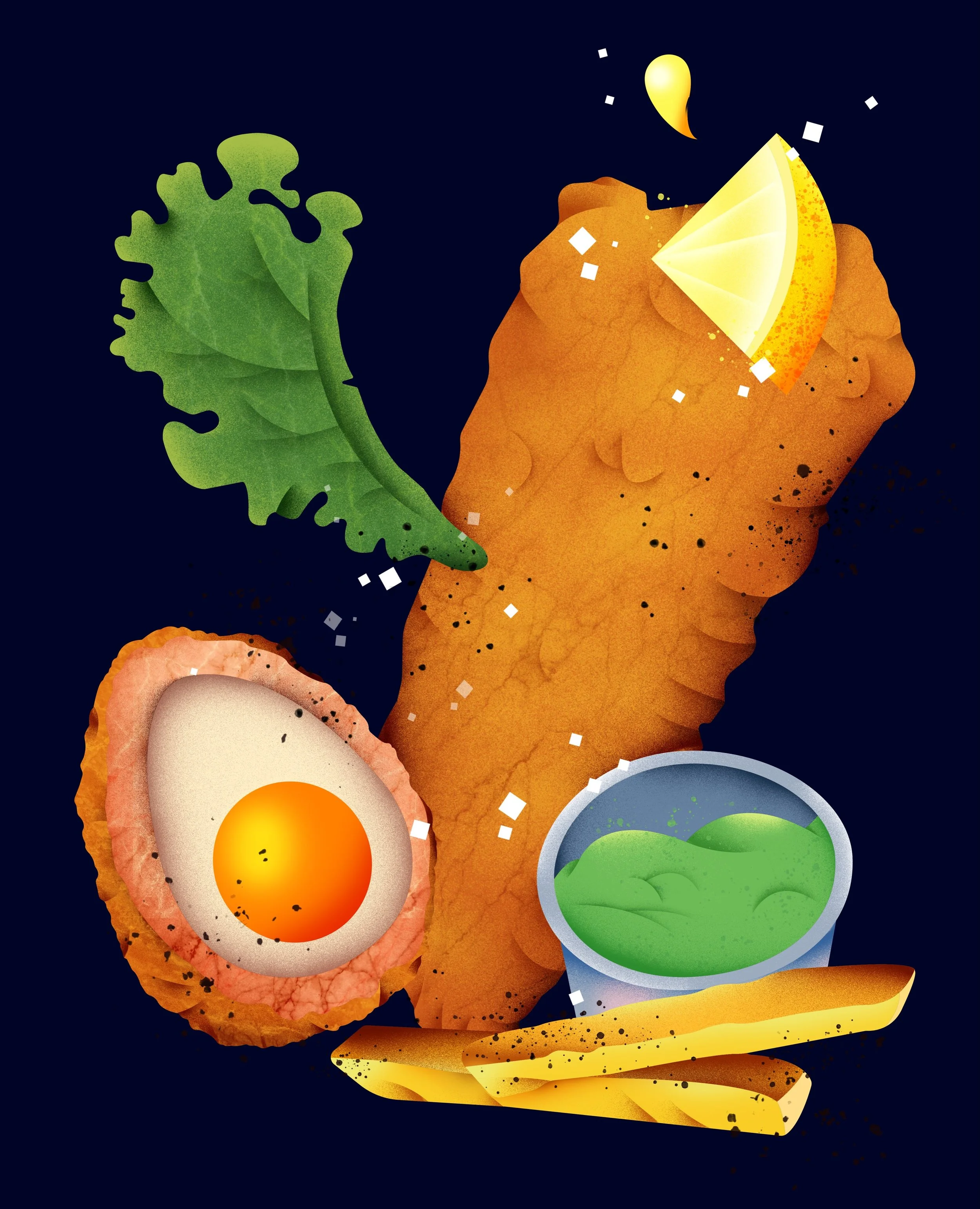 Crispy fish &amp; chips, scotch eggs &amp; a good pint... Pub perfection as the rainy fall rolls in 🍺 🍂 @danieloconnells 
&bull;
&bull;
#irishpub #pubfood #foodillustration #comfortfood #digitalillustration