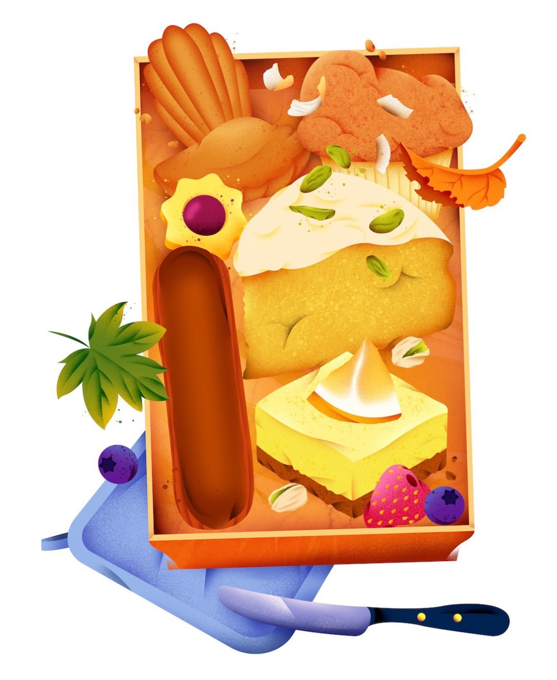 A tray full of treats &amp; nowhere to be! ☀️ Pistachio cake, lemon squares, wholesome muffins, cookies &amp; chocolate &eacute;clairs&hellip;

My take on Magical Morning Glory for the @theydrawandcook illustration challenge, featuring some of my fav