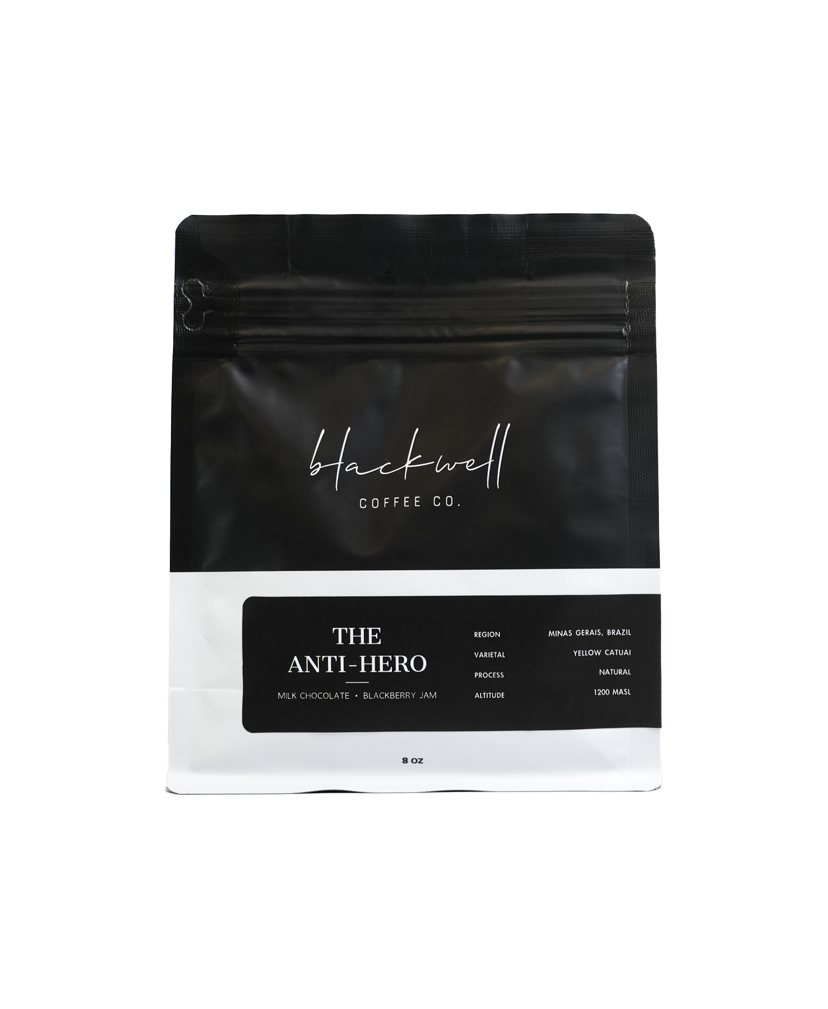 Bag of Hackwell Coffee Co.'s The Anti-Hero coffee, flavor is milk chocolate and blackberry jam, from Minas Gerais, Brazil, at 1200 meters above sea level, with a natural process, Yellow Catuai varietal, 8 oz