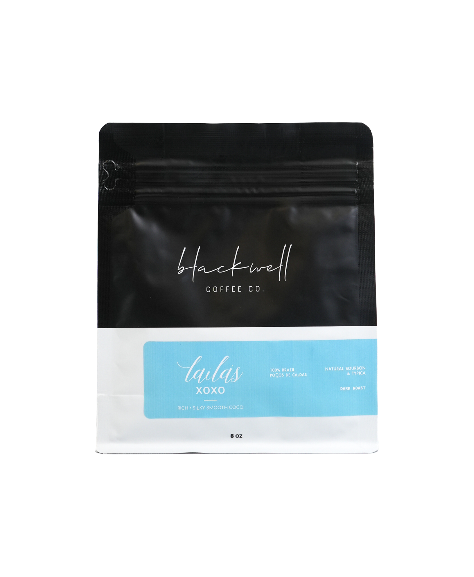 Package of Hackwell Coffee Co.'s Tails XOXO coffee blend with black and blue packaging