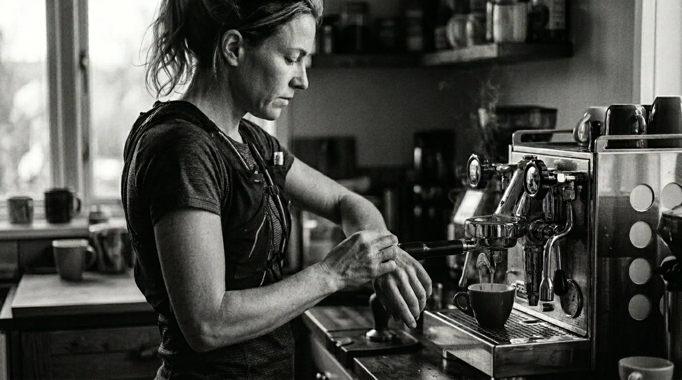 A woman making coffee with an espresso machine in a kitchen