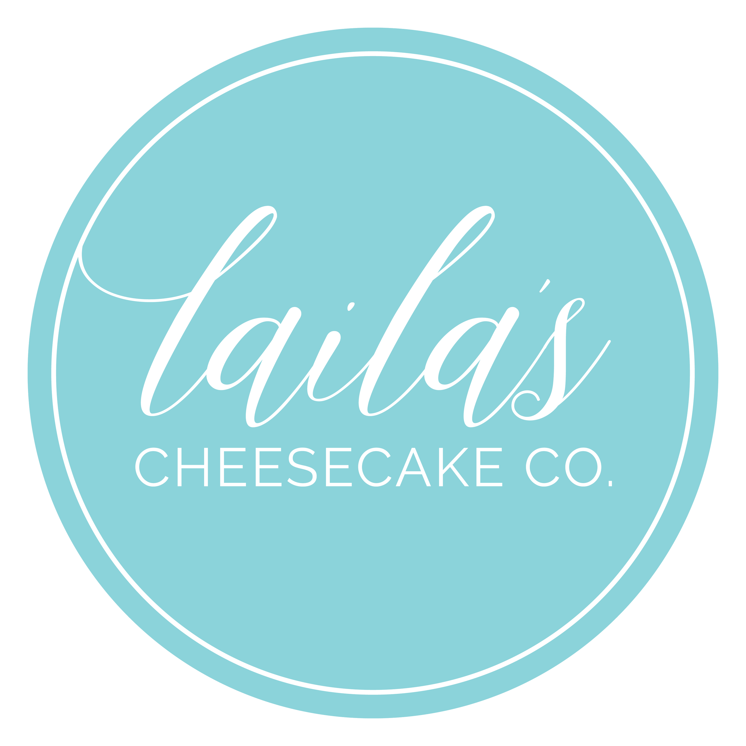 Close-up of a circular logo with light blue background, featuring white script text reading 'Cali's Cheesecake Co.'