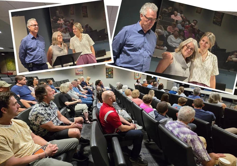 Collage of 3 photos. The largest an auditorium full of people facing right. The smaller is a family of 3 at a podium, a ma in a blue shirt, a woman in gray, and a younger woman in cream and pink.