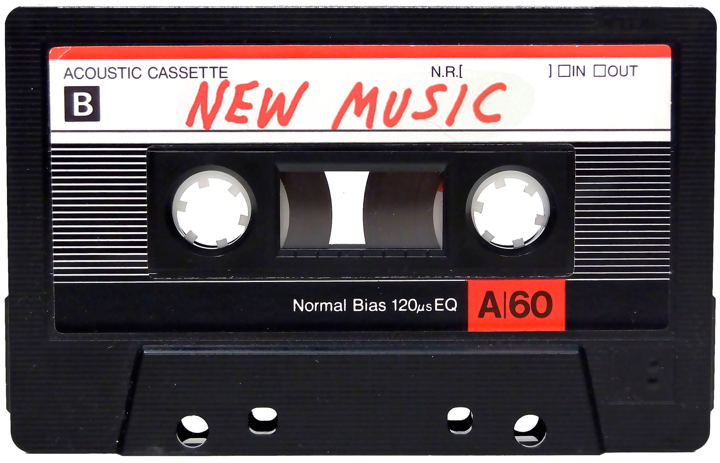 Close-up of a black cassette tape labeled "New Music" with "Acoustic Cassette" and "A60" markings.