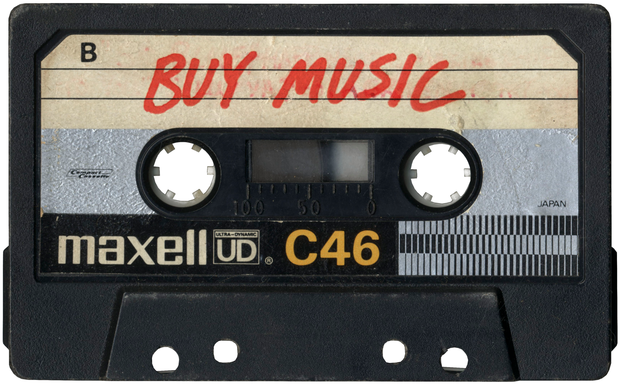 Close-up of a vintage Maxell cassette tape, labeled "BUY MUSIC" in red marker, featuring "B" side, C46 model, with visible tape window and branding.