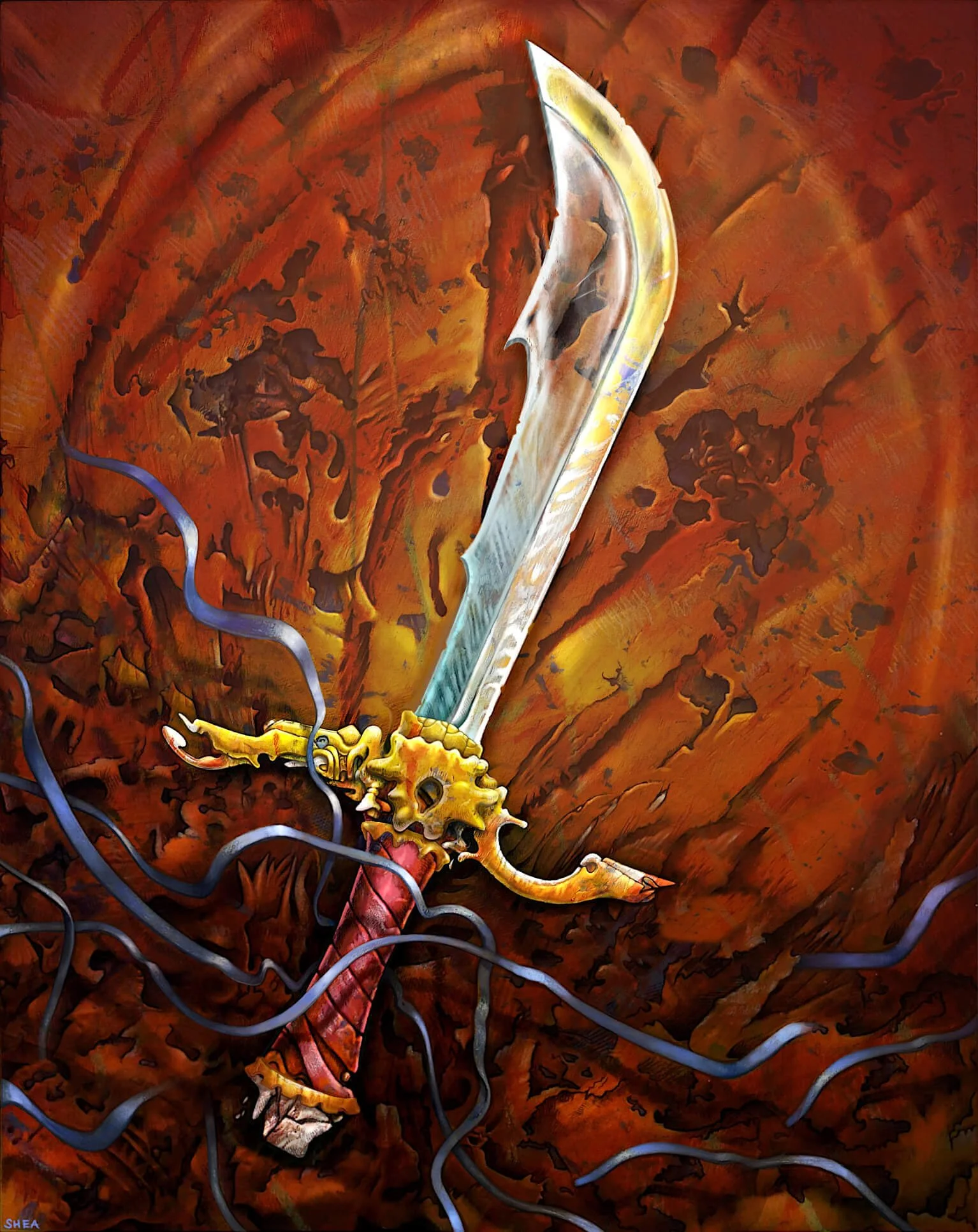Ornate sword with a golden hilt and curved blade, set against a fiery red and orange background, with blue ribbons intertwined.