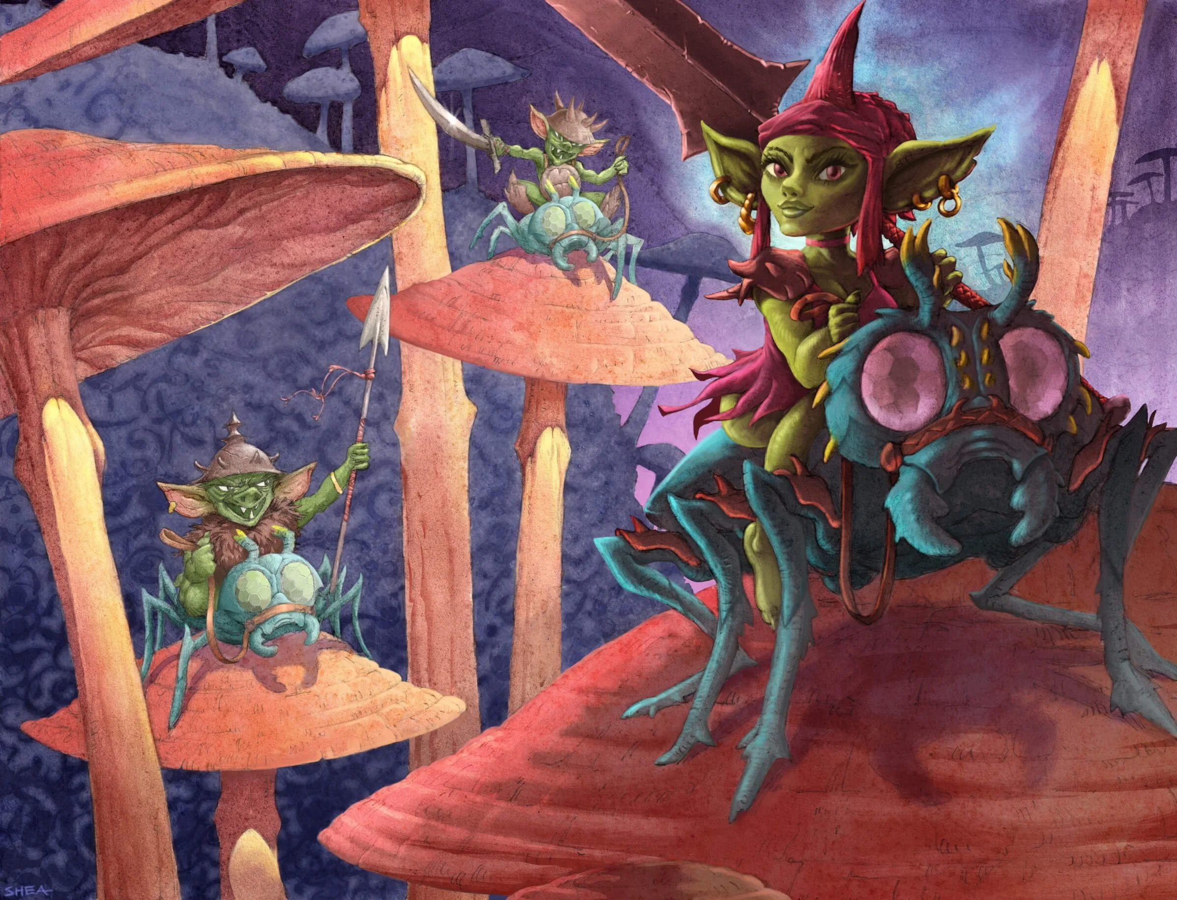 Fantasy scene of green goblin-like creatures riding large insects on giant mushrooms. The setting is a mystical forest with towering mushrooms and a colorful sky. The creatures have playful, whimsical expressions and wear helmets and armor while hold