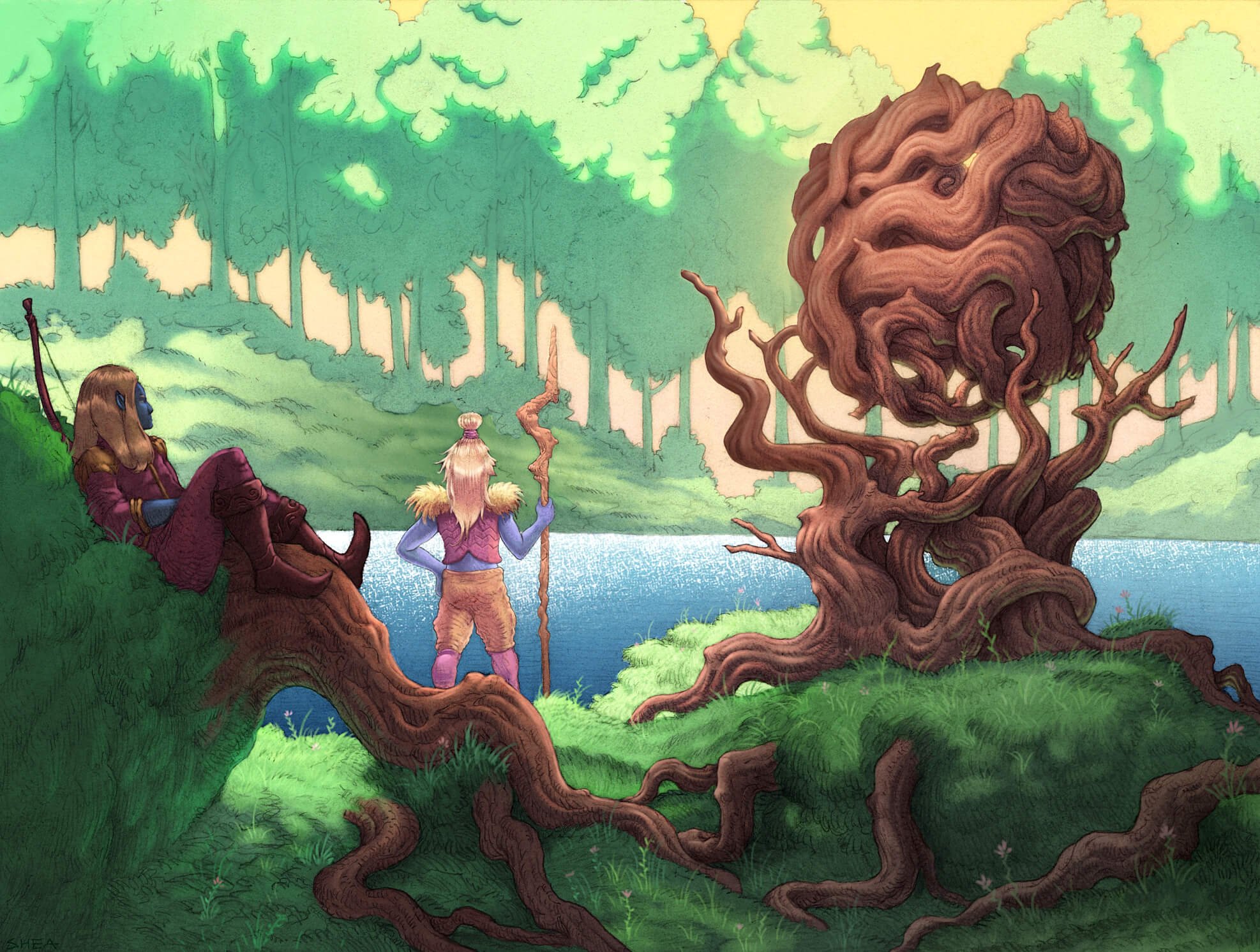 Two fantasy characters in colorful clothing by a twisted tree near a lake, surrounded by a forest background.