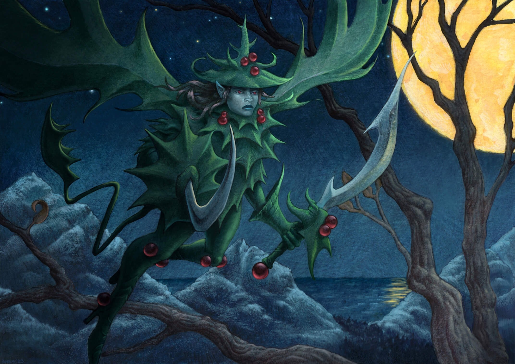 Fantasy illustration of a green mythical creature with leaf-like armor and a curved sword, standing on a rocky landscape under a full moon, surrounded by barren trees.