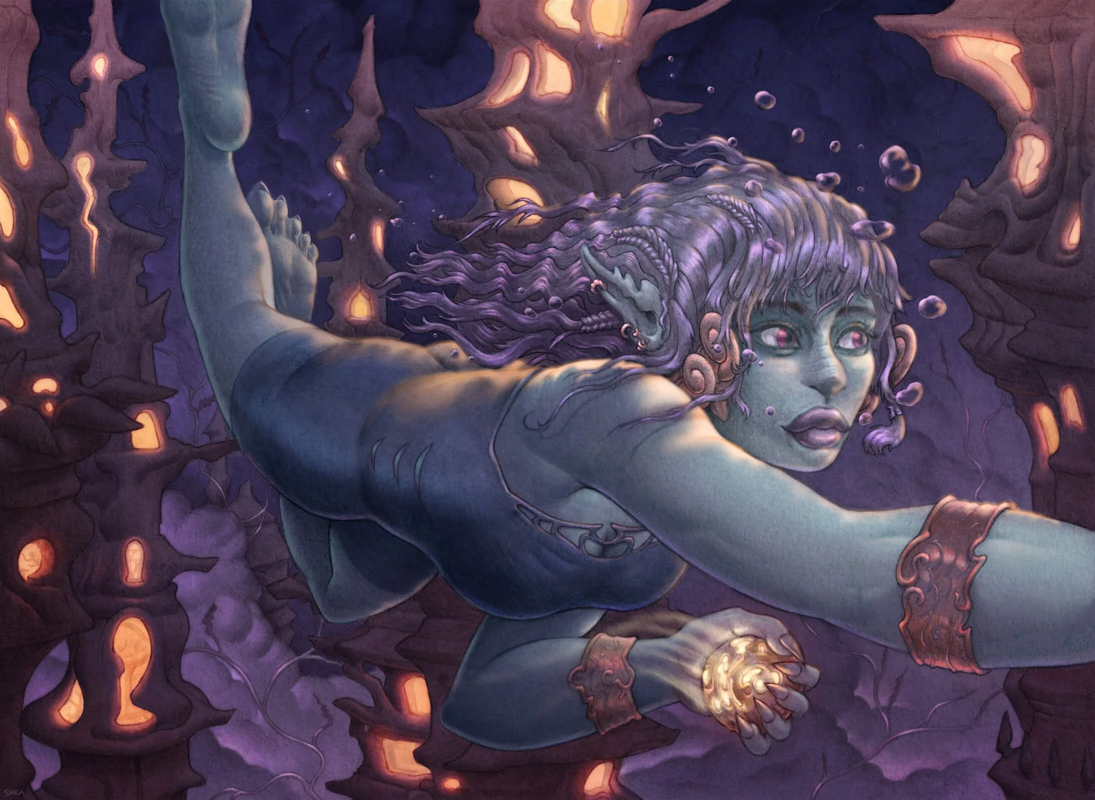 Fantasy underwater scene featuring a female aquatic creature with pointed ears and purple hair, swimming among glowing coral structures. The character holds a luminescent object in her hand, illuminating the surroundings with a soft glow.