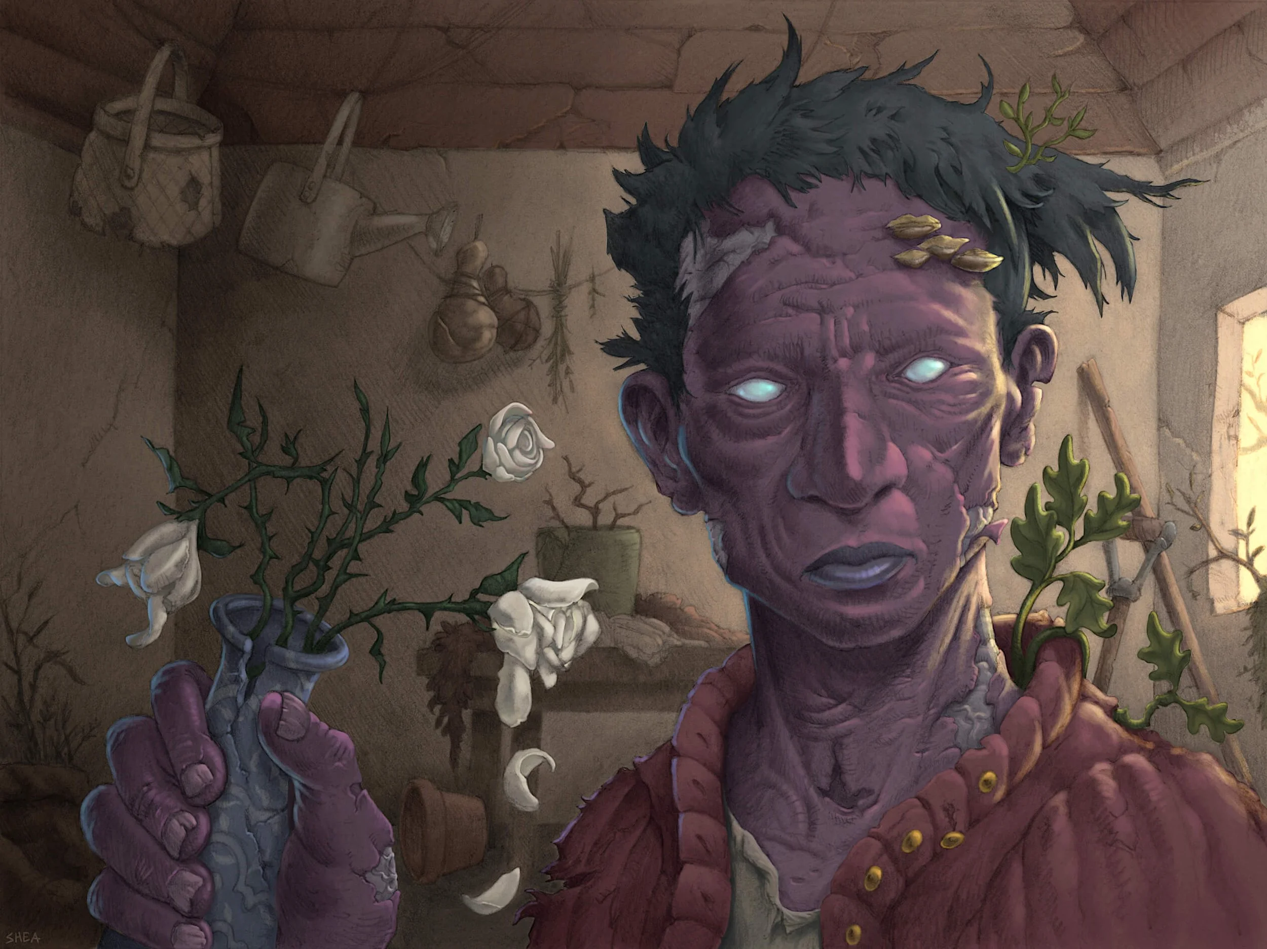 Fantasy illustration of a mystical figure with purple skin and glowing eyes holding a vase with white flowers. The figure has unusual plant elements integrated into its head and shoulders. The background depicts a rustic room with baskets, a watering