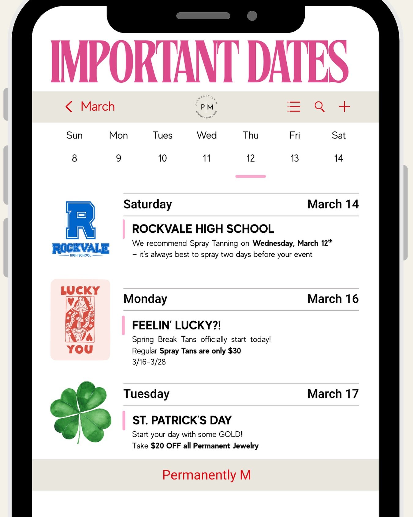 Feeling lucky this month? 🍀

We&rsquo;ve got a few fun things happening at PM over the next couple weeks. Spring break tans kick off March 16th (just $30!) and for St. Patrick&rsquo;s Day we&rsquo;re taking $20 off all permanent jewelry so you can s