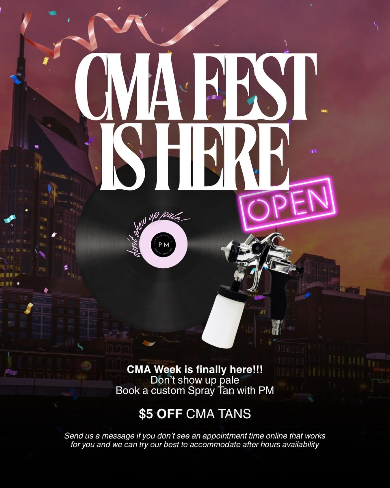 CMA Fest is officially here, Nashville! ✨🎶

Don&rsquo;t show up pale, show up glowing!!

To celebrate CMA Week, we&rsquo;re offering $5 OFF all spray tans so you can look your best for concerts, rooftop bars, photo ops, and everything in between.

N