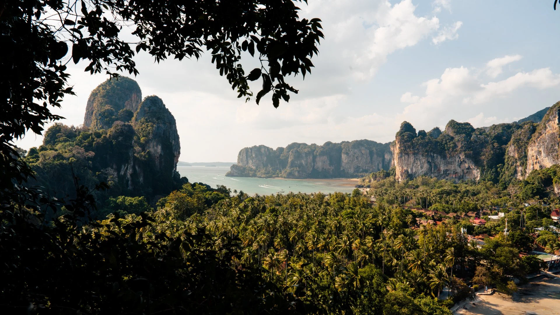 View from Railay Viewpoint overlooking limestone cliffs and beaches in Railay Thailand