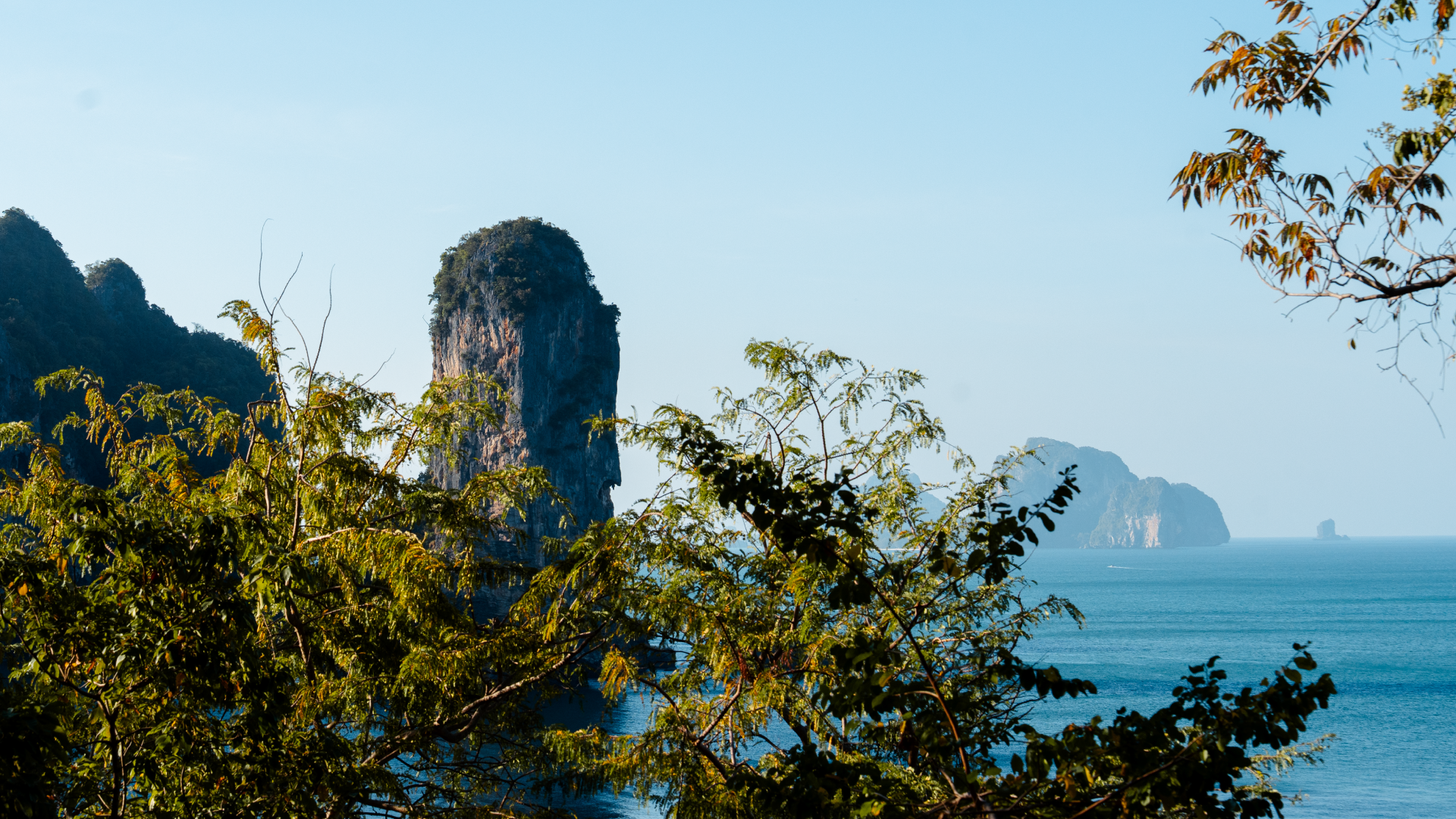 View from Monkey Trail overlooking limestone cliffs and the Andaman Sea near Ao Nang, Krabi.