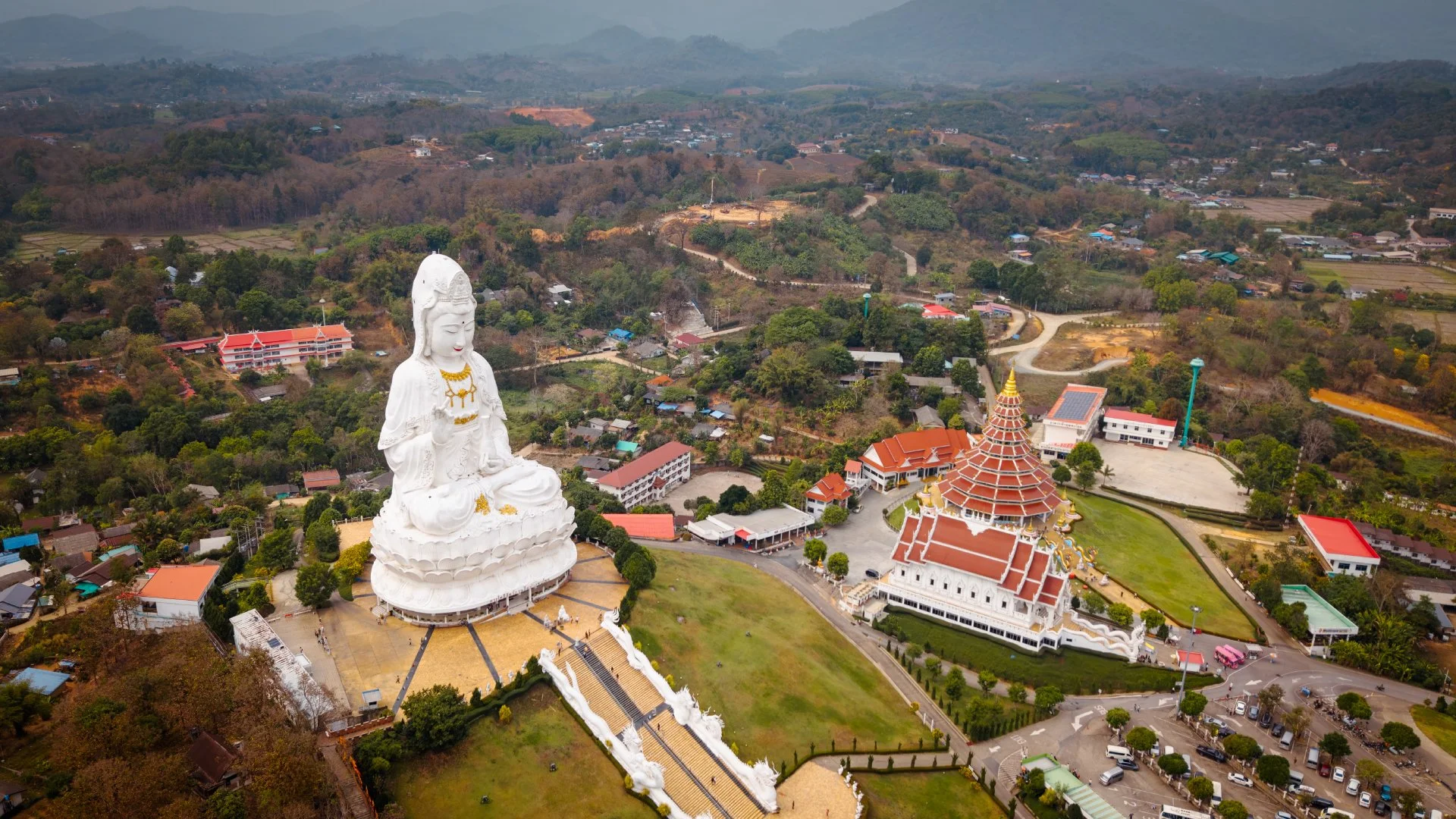 Drone shot of the Red Temple in Chiang Rai, Thailand.