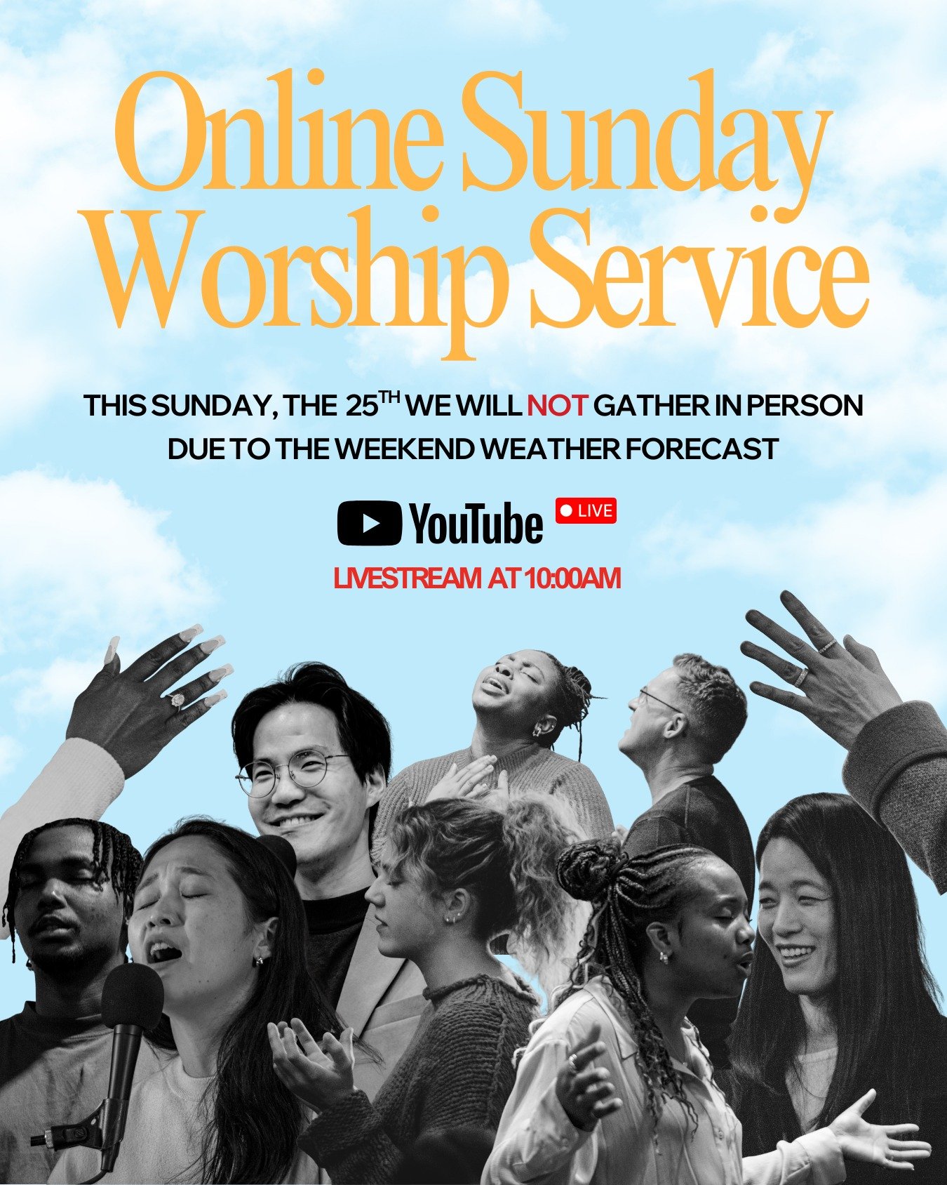 Service Update | Sunday, January 25, 2026

Church family and friends&mdash;due to the weather forecast, we will not gather in person this Sunday (January 25, 2026). Your safety matters to us.

We will still be gathering online at our normal service t