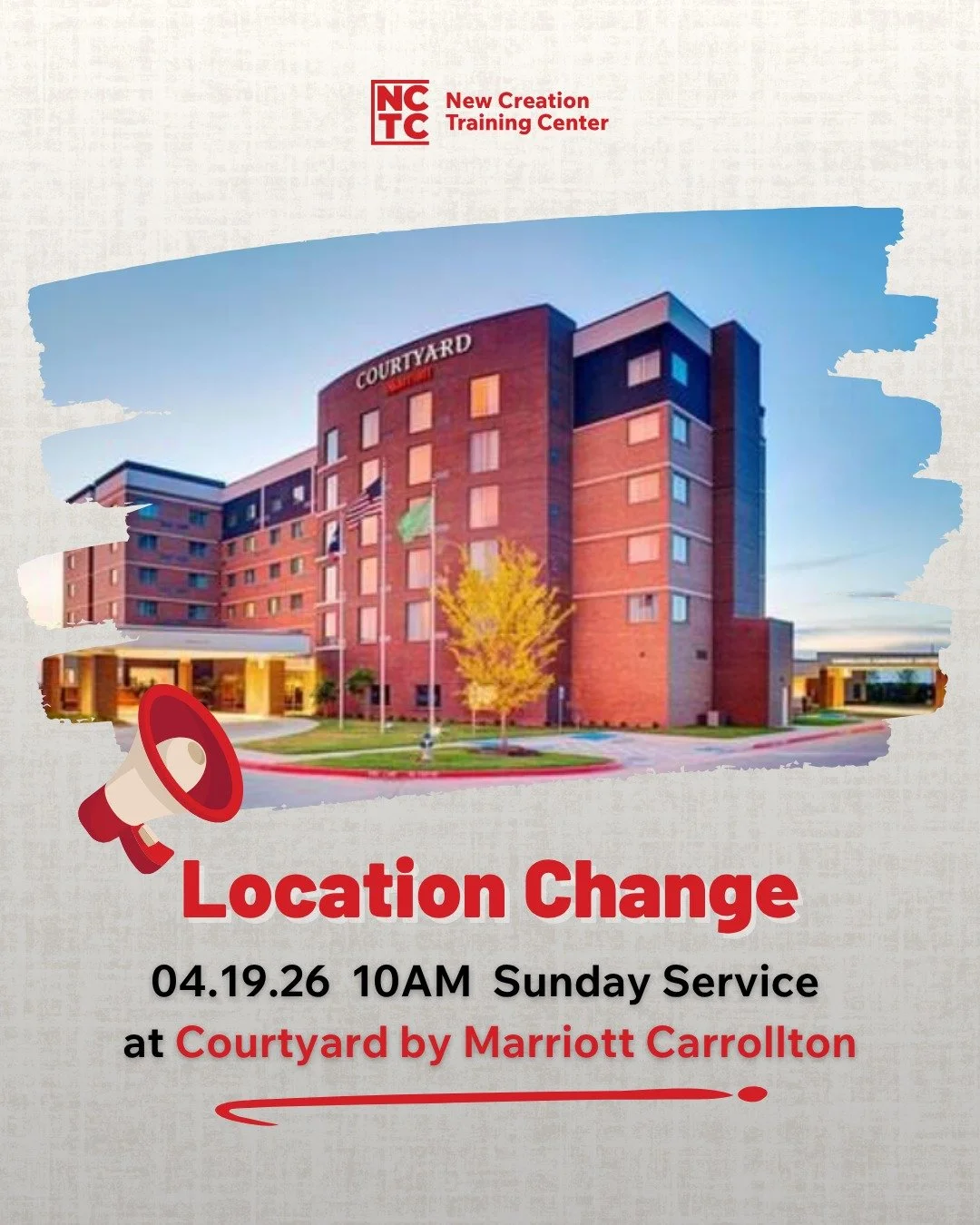 🚨 LOCATION CHANGE + SPECIAL GUEST 🚨

This Sunday&rsquo;s Worship Service location has been updated!

📅 April 19, 2026
⏰ 10:00 AM
📍 Courtyard by Marriott Carrollton
1201 Raiford Rd, Carrollton, TX 75007

🔥 We are also honored to welcome
**Evangel