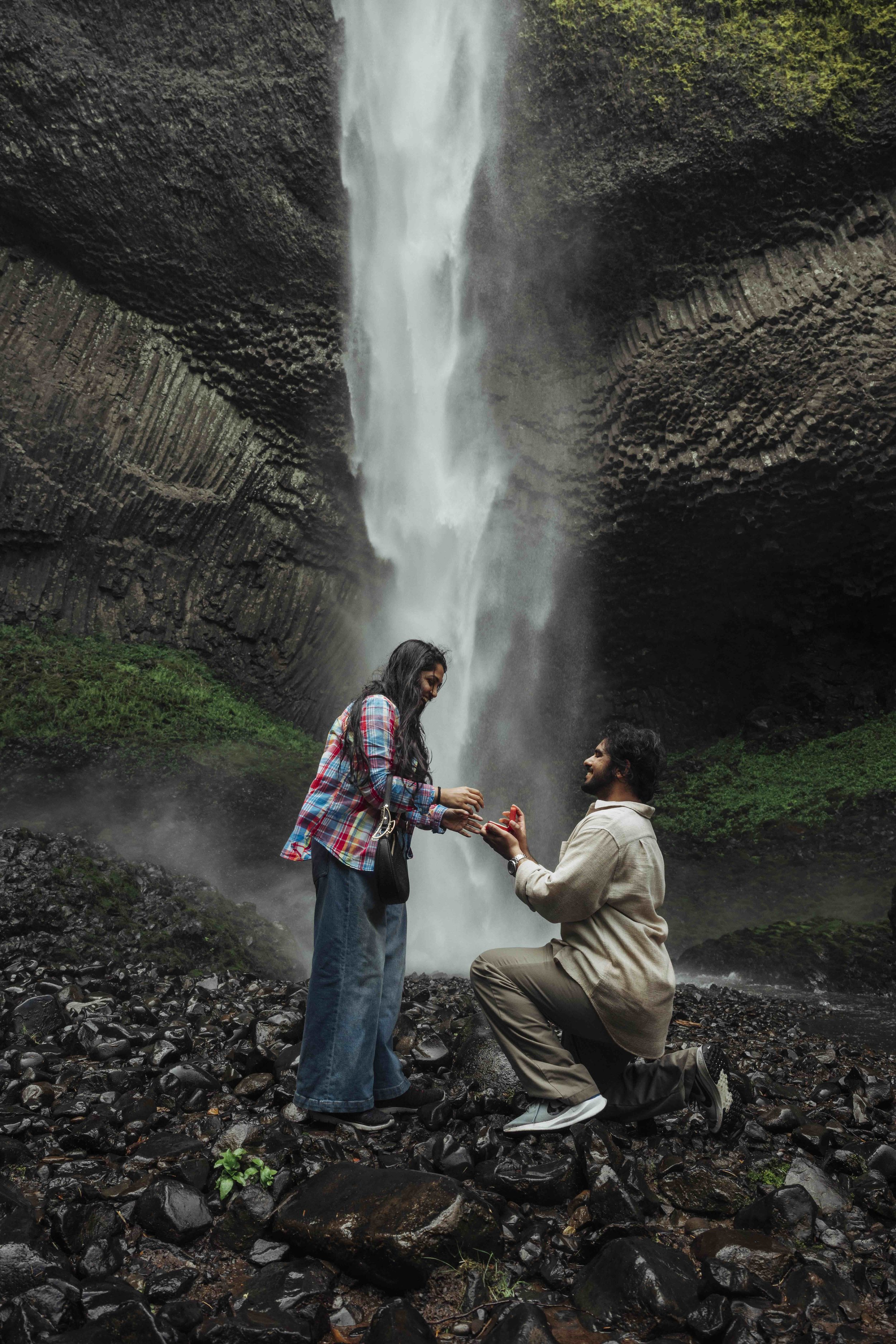 Engagement photograph taken by PNW engagement photographer Oregon gorge waterfall