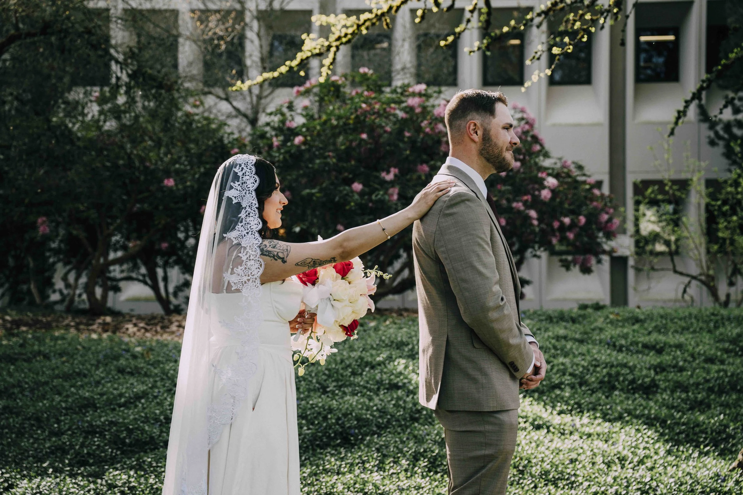 Wedding spring time first look bride and groom