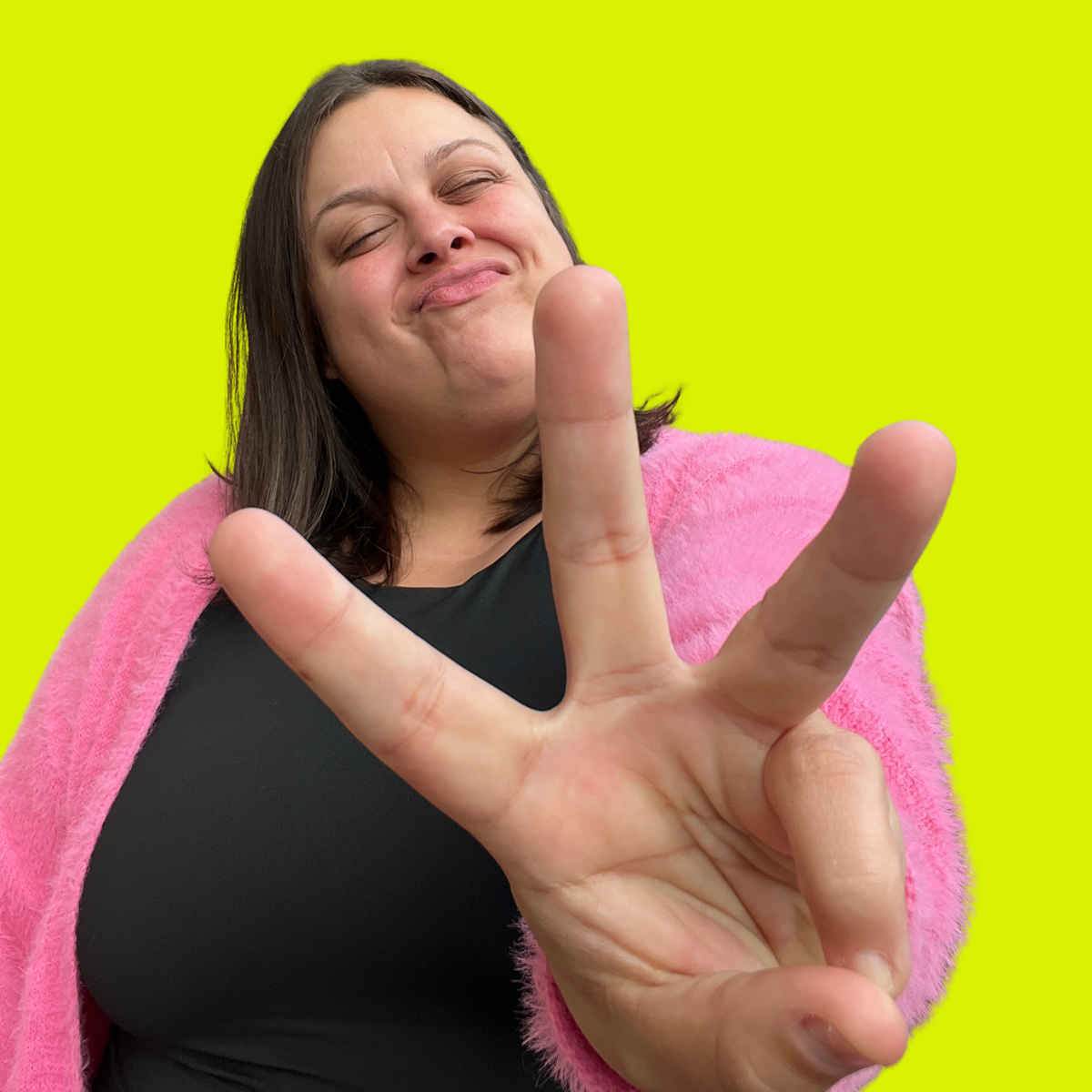 Savannah Rojan holding up three fingers for Step 3: Implementation and Partnership. Technical partner against a lime green background building stable automations and systems.