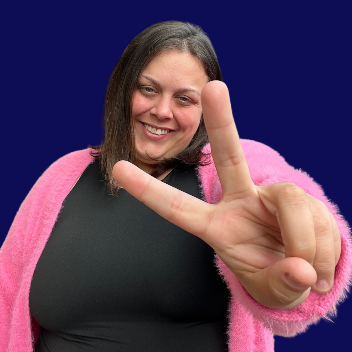 Savannah Rojan holding up two fingers for Step 2: Architecture and Discovery. Operations Architect against a navy blue background, mapping data and workflows.