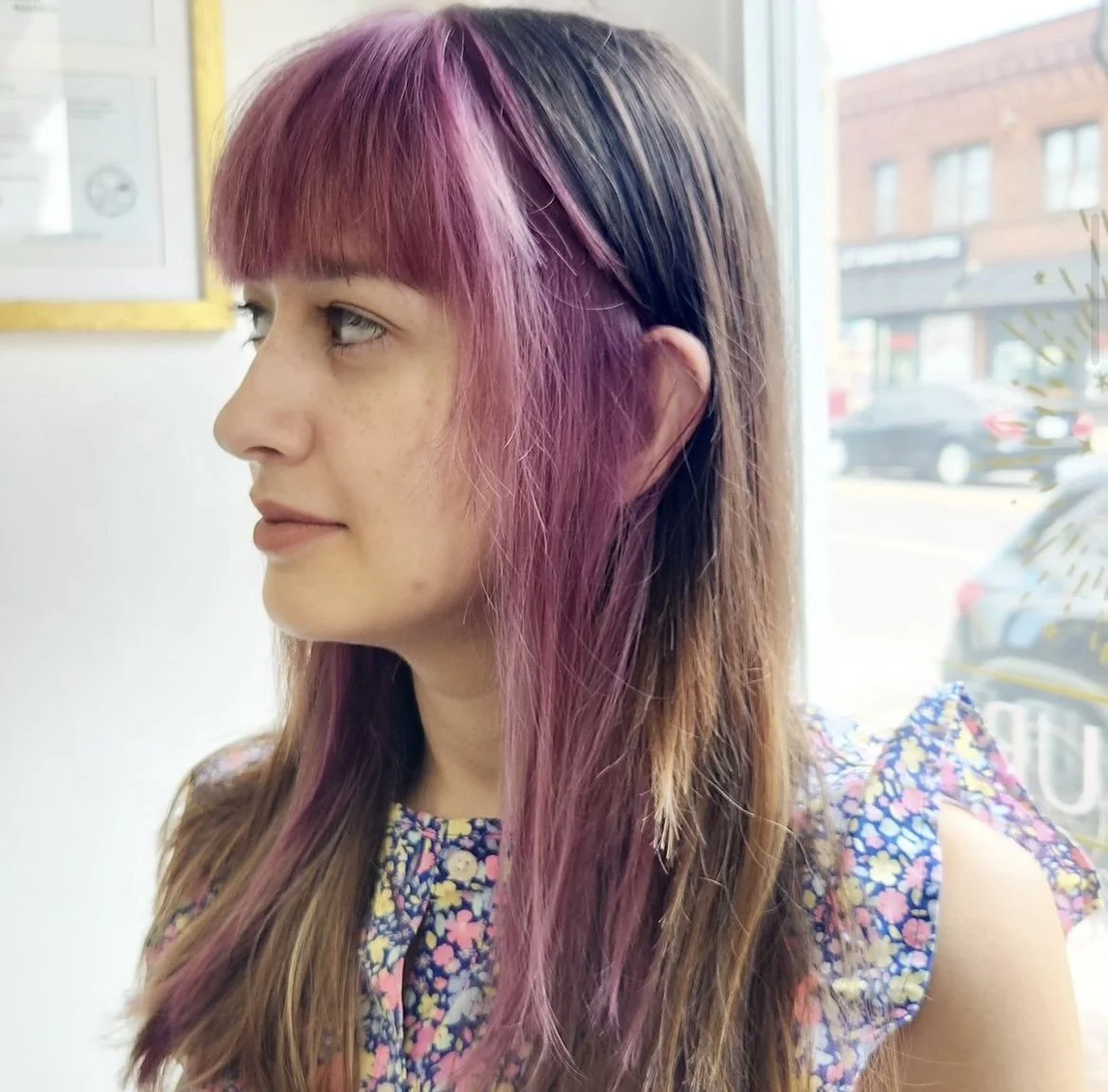 Long hair with pink-purple money piece and bangs