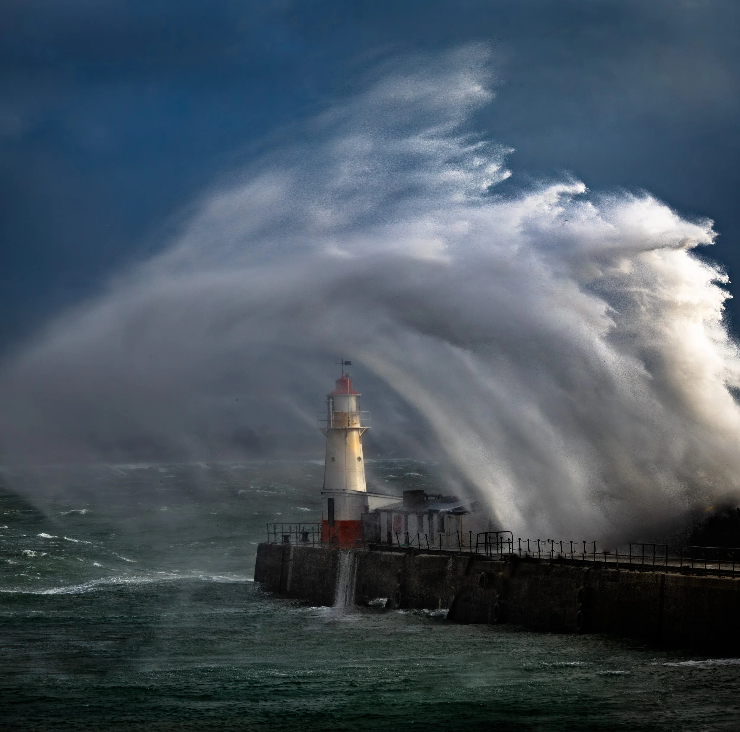 Newlyn Harbour Lighthouse Storm Ingrid