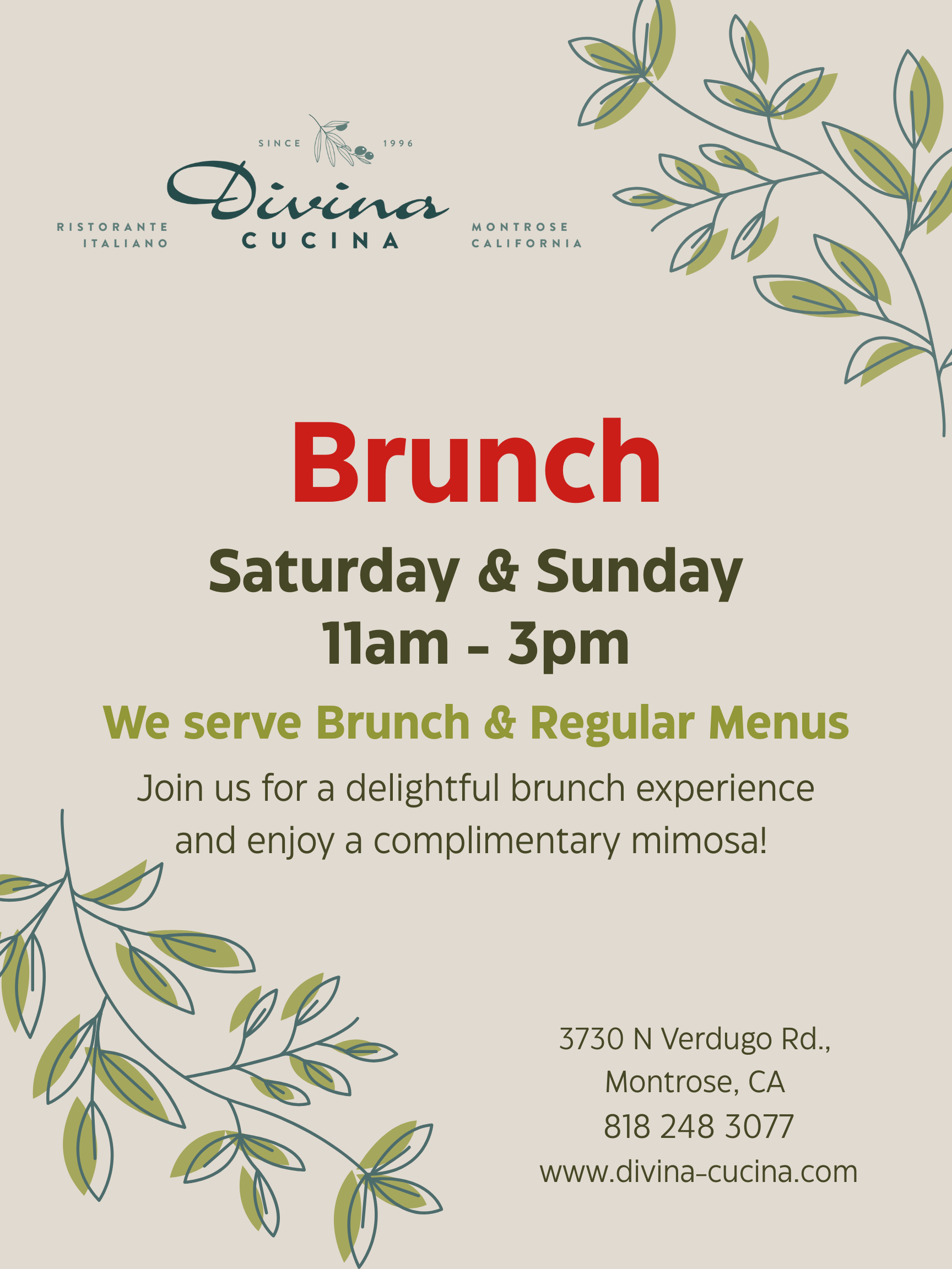 Brunch at Divina Cucina restaurant, offering brunch on Saturday and Sunday from 11am to 3pm, located in Montrose, Glendale, and La Crescenta, California, with a complimentary mimosa.