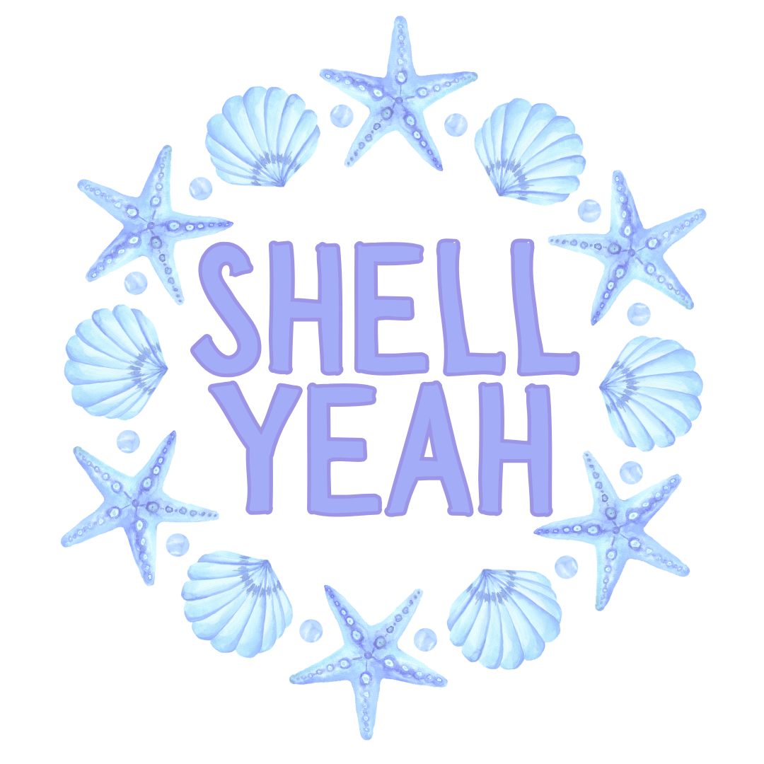 Lavender SHELL YEAH lettering surrounded by pale blue shells, starfish, and small circles.