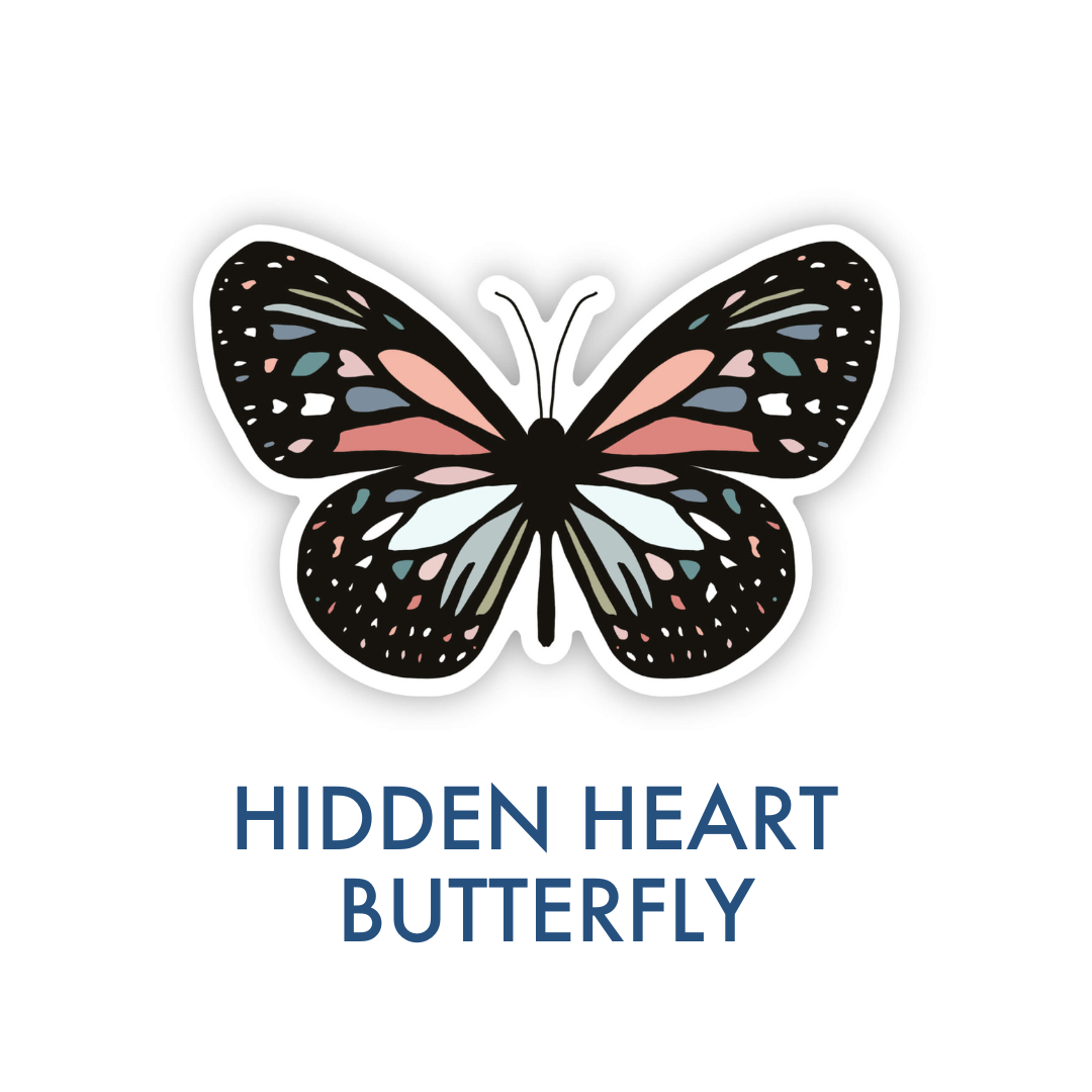 Black butterfly with pastel wing details, including small pink hearts, and a white sticker outline.