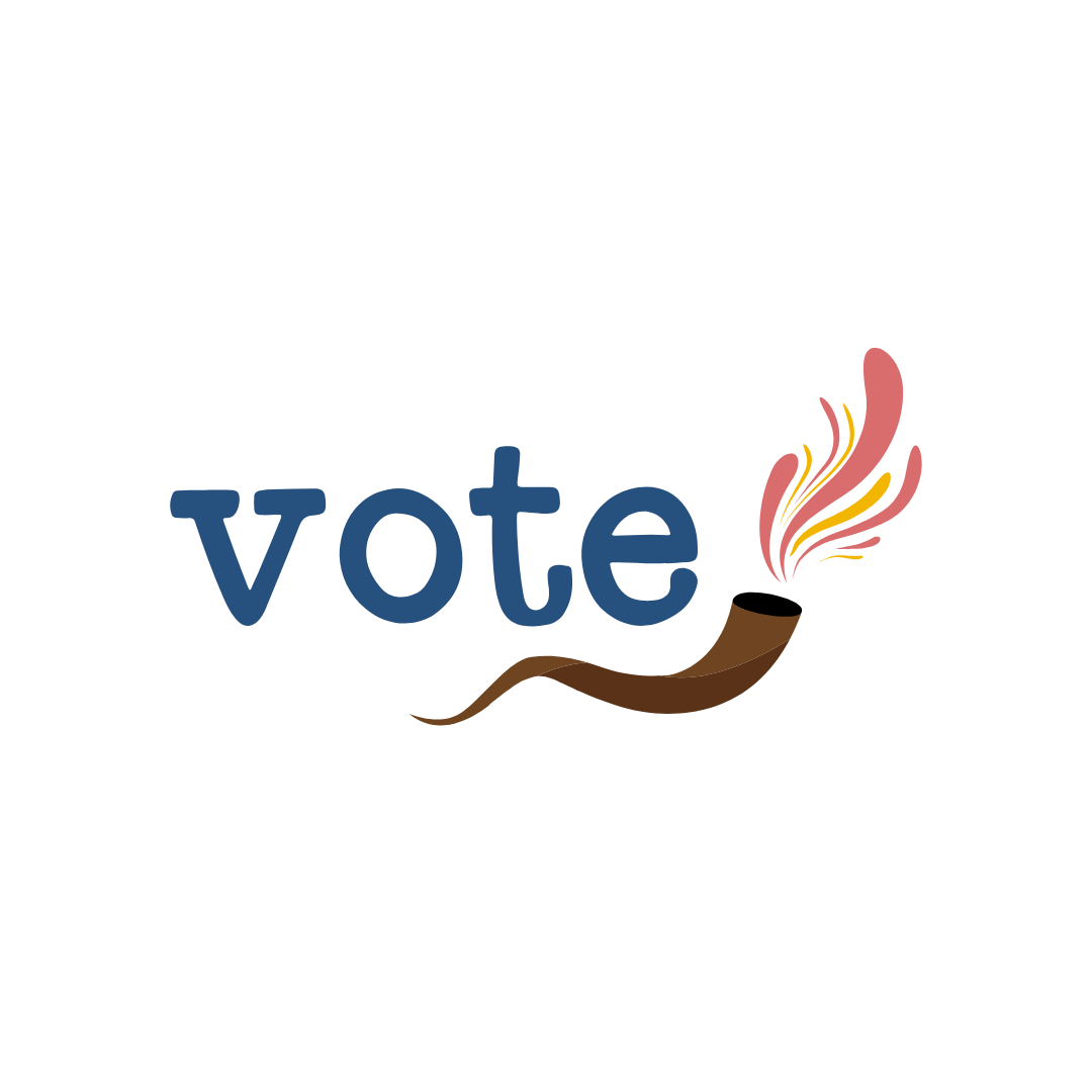 Blue lowercase vote beside a curved brown shofar, with coral and yellow flourishes rising from it.