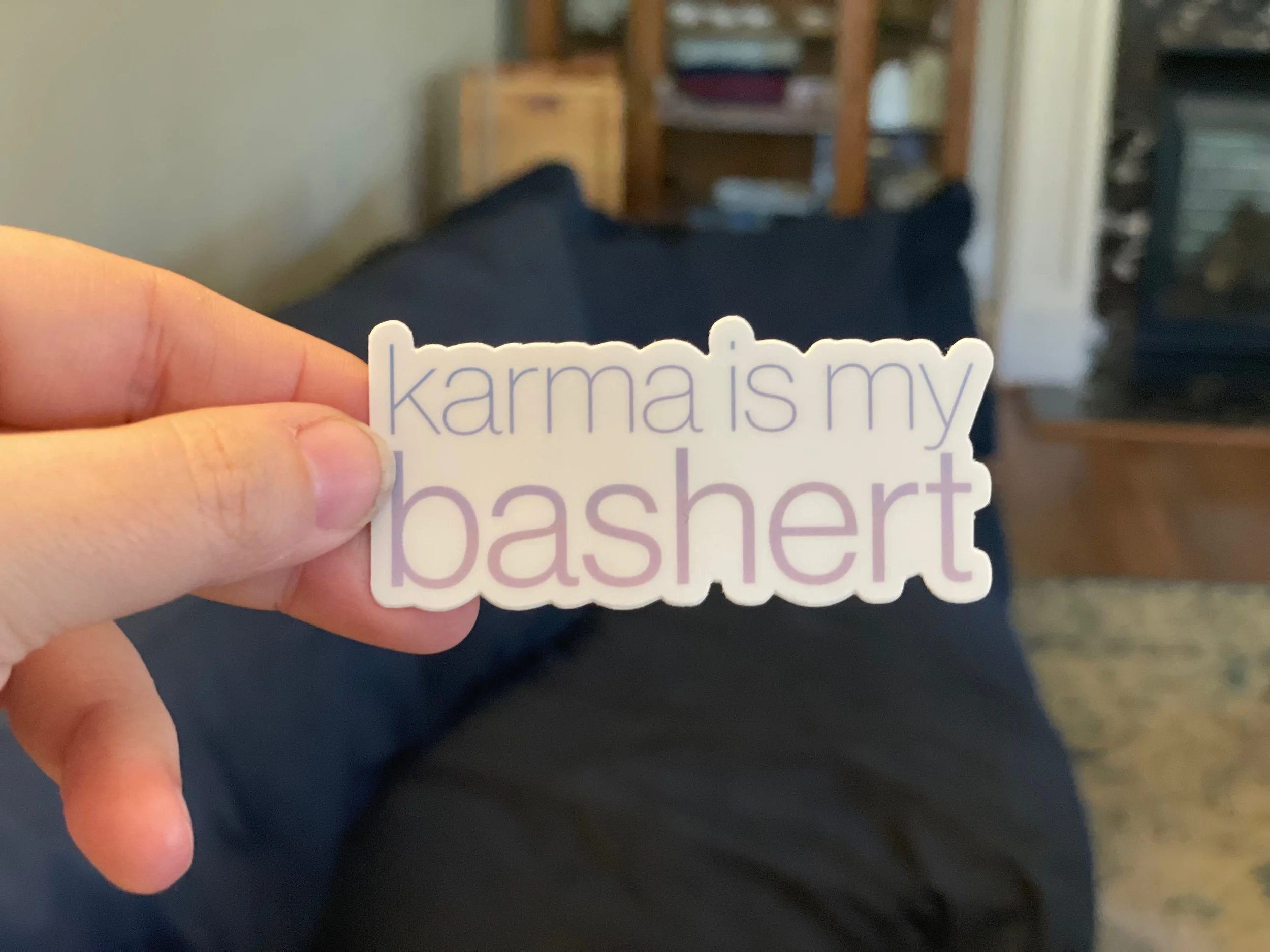 Hand holding a sticker that reads karma is my bashert in lavender and pink lettering.