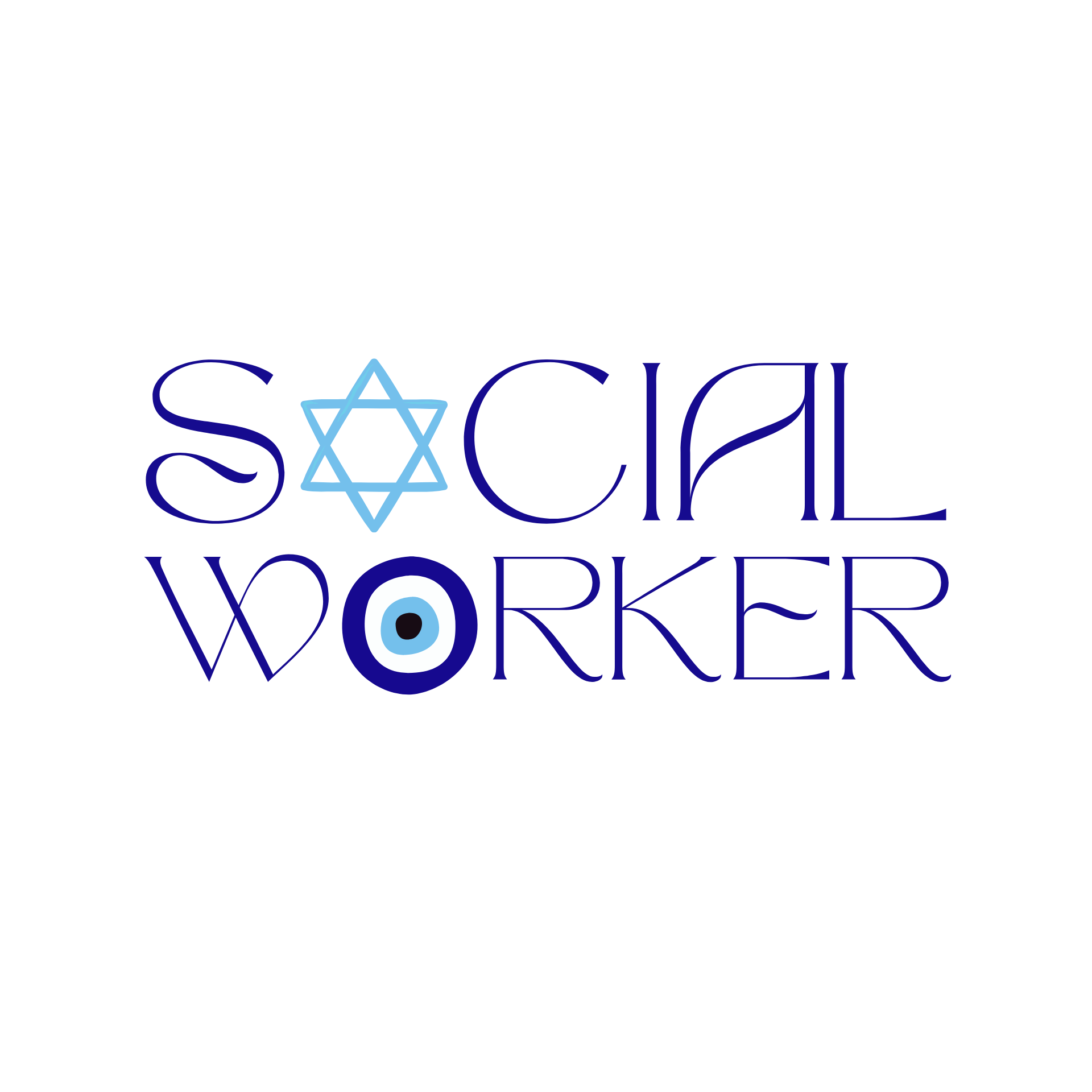 Blue SOCIAL WORKER lettering with a pale blue Star of David in Social and a blue eye in Worker.