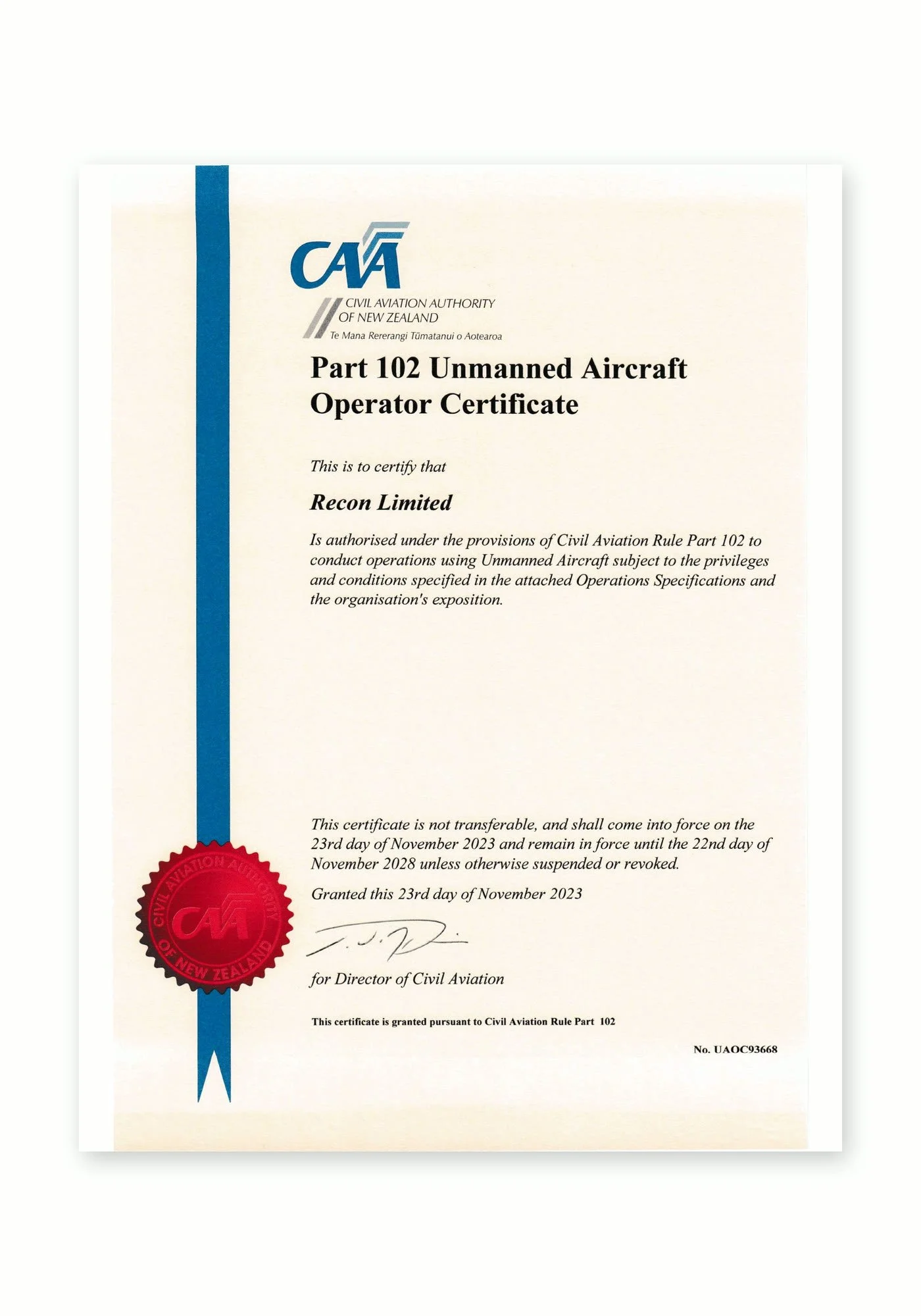 Recon Limited CAA Part 102 Unmanned Aircraft Operator Certificate, issued by the Civil Aviation Authority of New Zealand